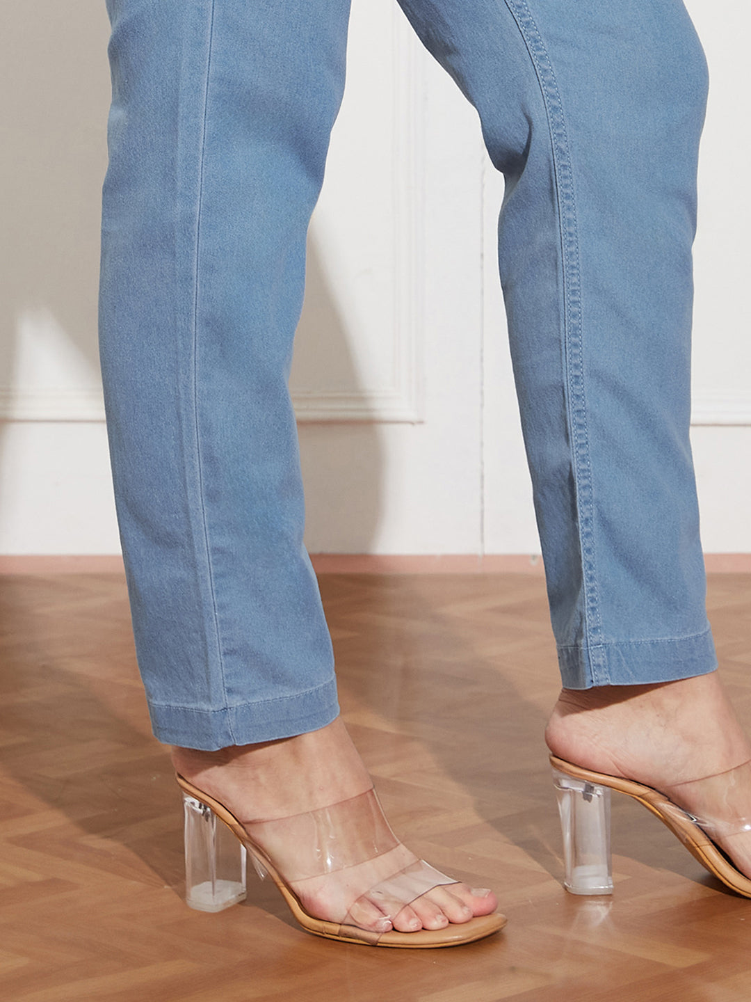 Women's Light-Blue Paperbag-Fit High-Rise Clean-Look Regular-Length Stretchable Denim Jeans