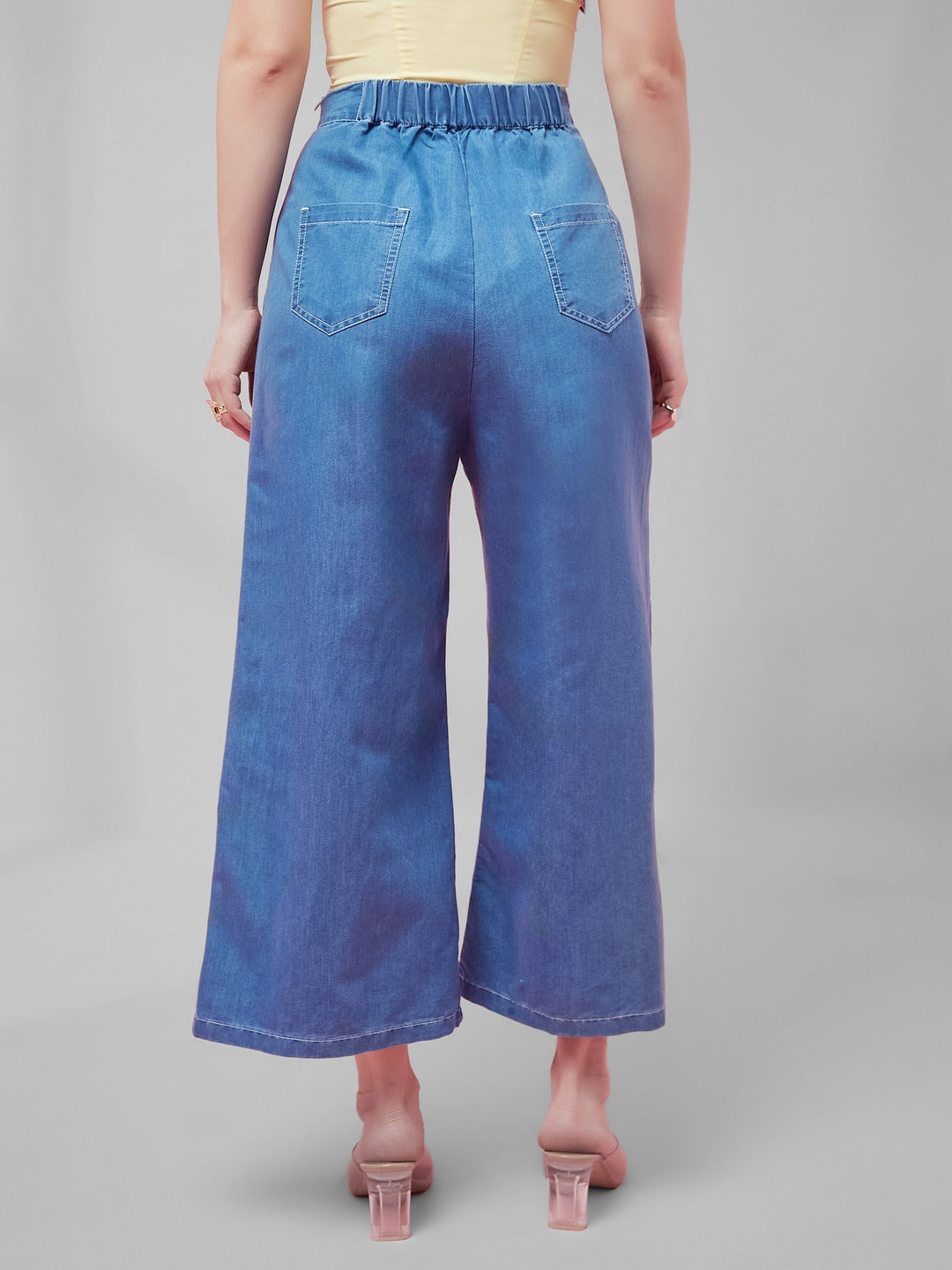 Blue Flared Wide-Leg high-rise Non Stretchable Light Weight Denim Pants for Women