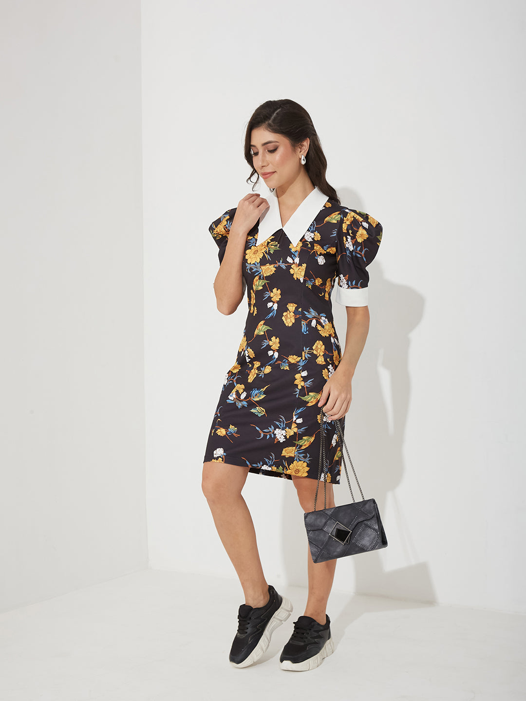 Women’s Multicolored Base Black Collared Half Sleeve Floral Shift Knee-Long Polyester Dress for Women — Miss Chase