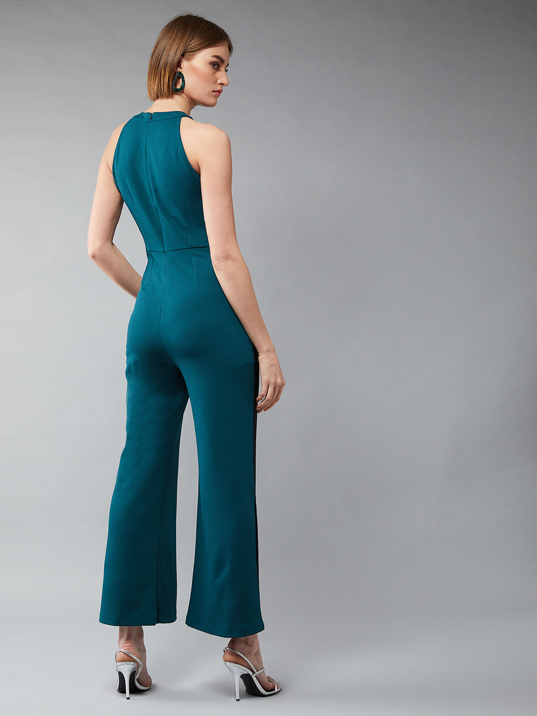 Women's Forest Green & Black Halter Neck Sleeveless Solid Flared Jumpsuit