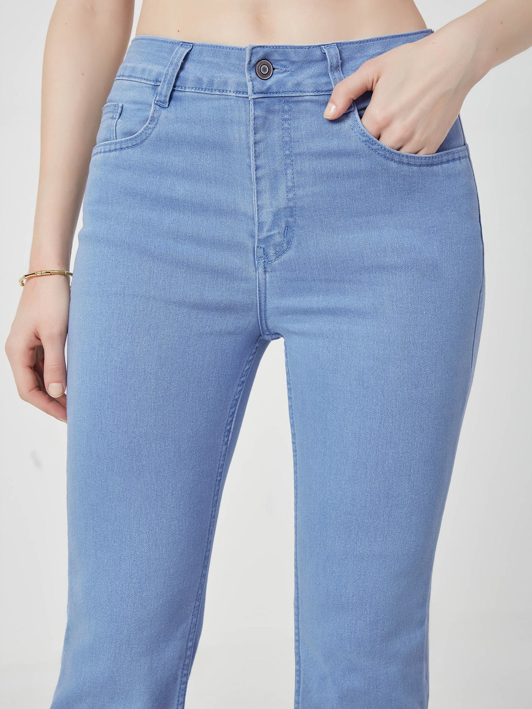 Light Blue Boot Cut high-rise Cropped Stretchable Denim Jeans for Women