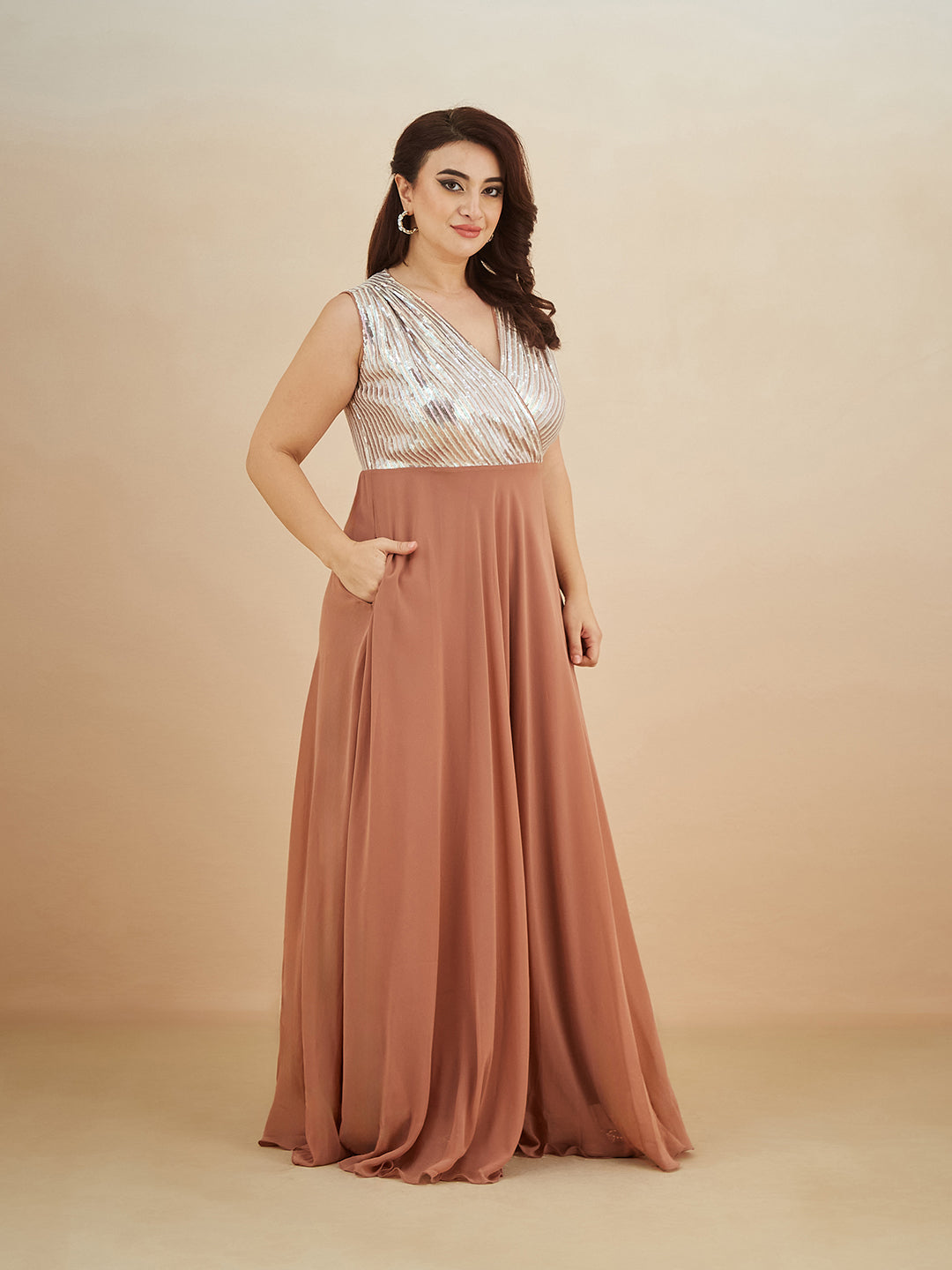 Dusty Peach V-Neck Sleeveless Embellished Wrap Maxi Georgette Dress for Women