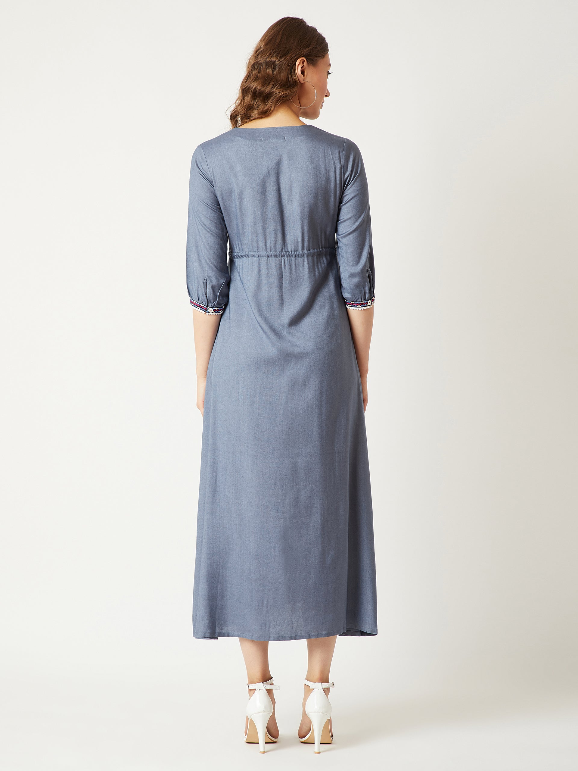 Steel Grey Round Neck Gathered 3/4 Sleeves Solid Embroidered And Tasseled Detailing Maxi Dress for Women