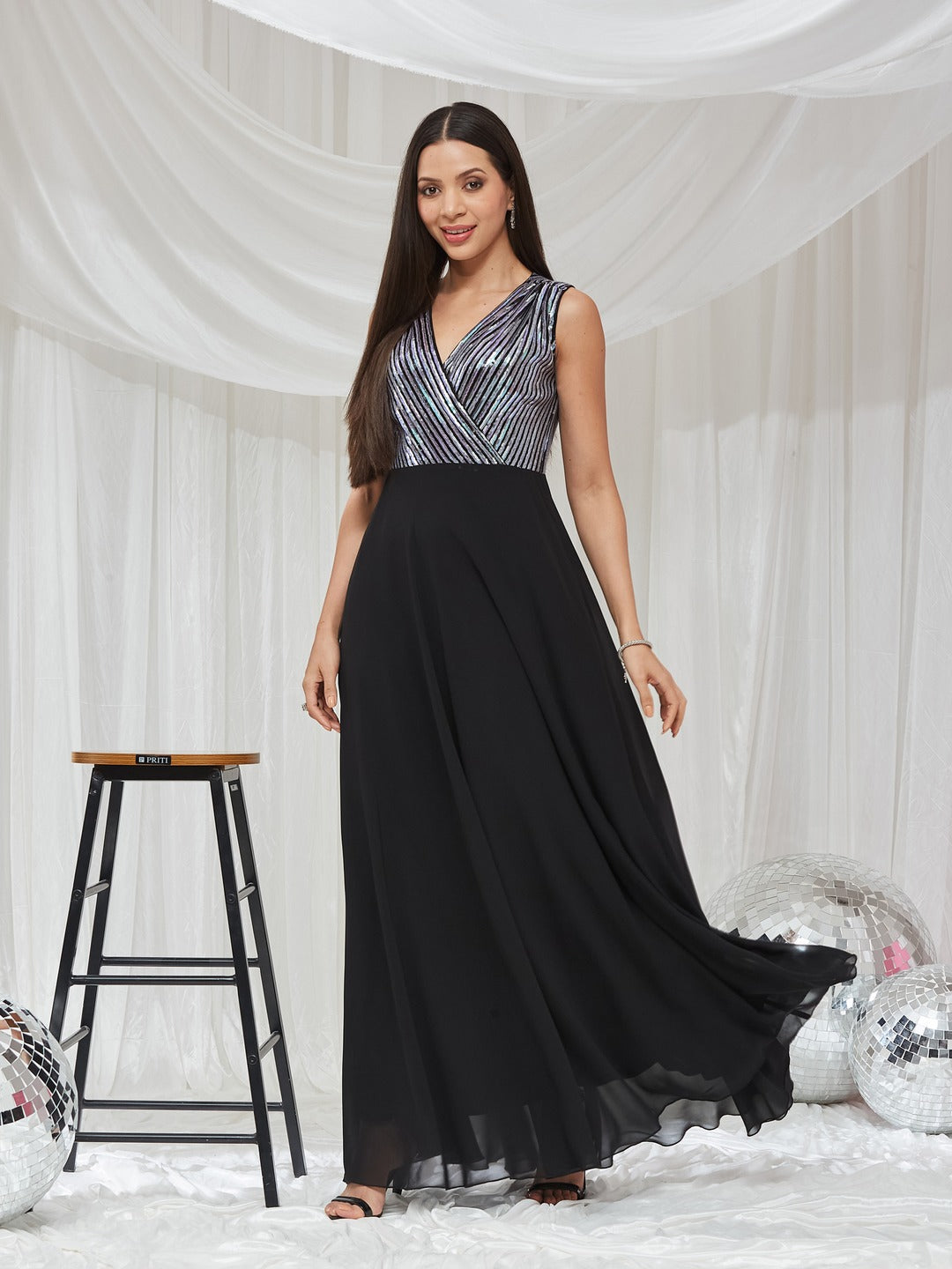 Black V-Neck Sleeveless Embellished Wrap Maxi Georgette Dress for Women