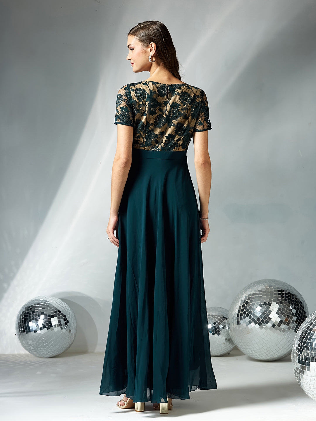 Women's Teal Round Neck Half Sleeve Self Design Fit & Flare Georgette Maxi Dress