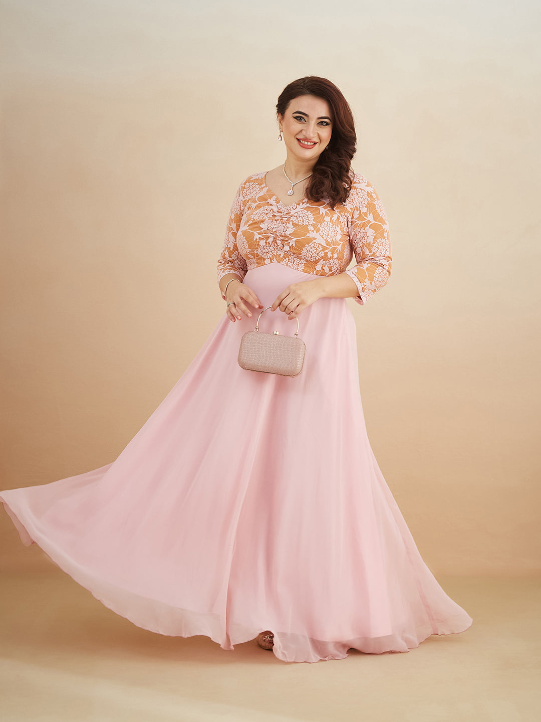 Dusty Pink V-Neck Raglan-Sleeve Self-Designed Empire-Styled Georgette Maxi Dress for Women