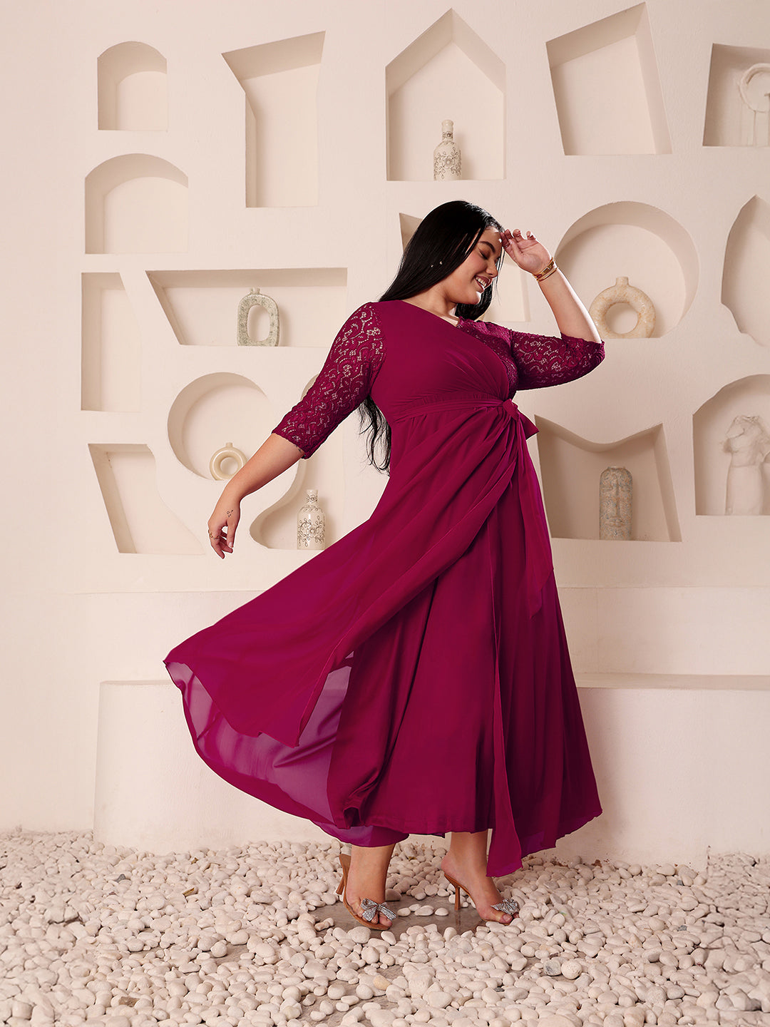 Body Bliss Dark Pink Colored V-Neck Three-Quarter Sleeve Self-Designed Wrap Maxi Georgette Dress