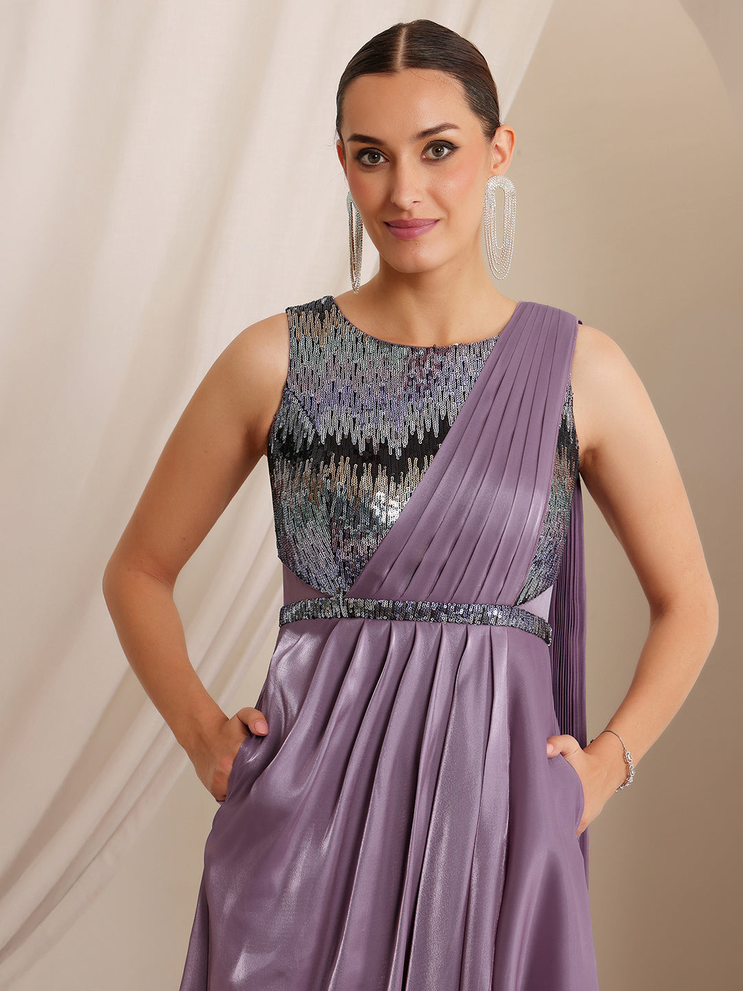 Women's Dusty Purple Round Neck Sleeveless Embellished Layered Satin Maxi Dress