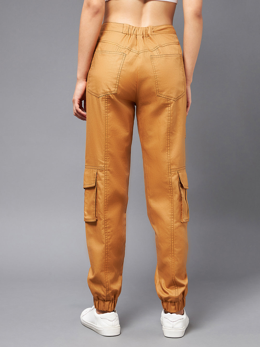 Women's Tan Cotton Solid Paneled Regular Joggers