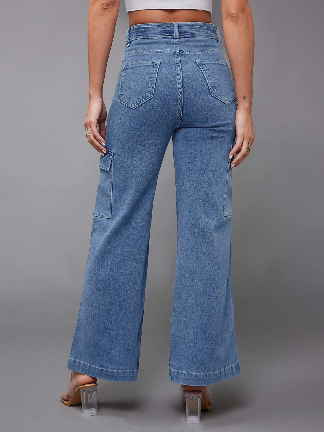 24/7 Comfort Mid Blue Wide-Leg High-Rise Stretchable Cargo Denim Jeans