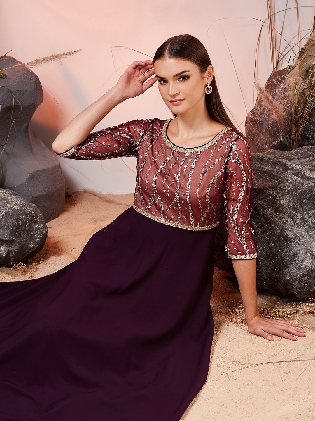 Dark Purple Round Neck 3/4 Sleeve Embellished Embellished Maxi Georgette Ethnic Dress for Women — Miss Chase