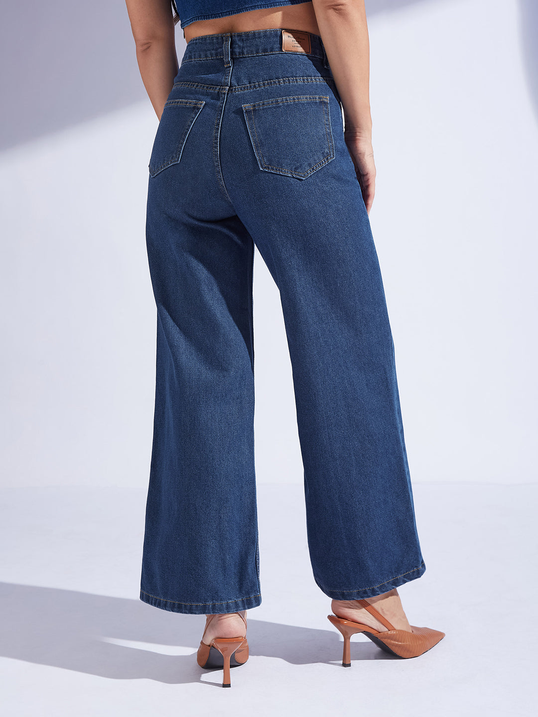 Women's Navy Blue Wide-Leg High-Rise Non-stretchable Denim Jeans