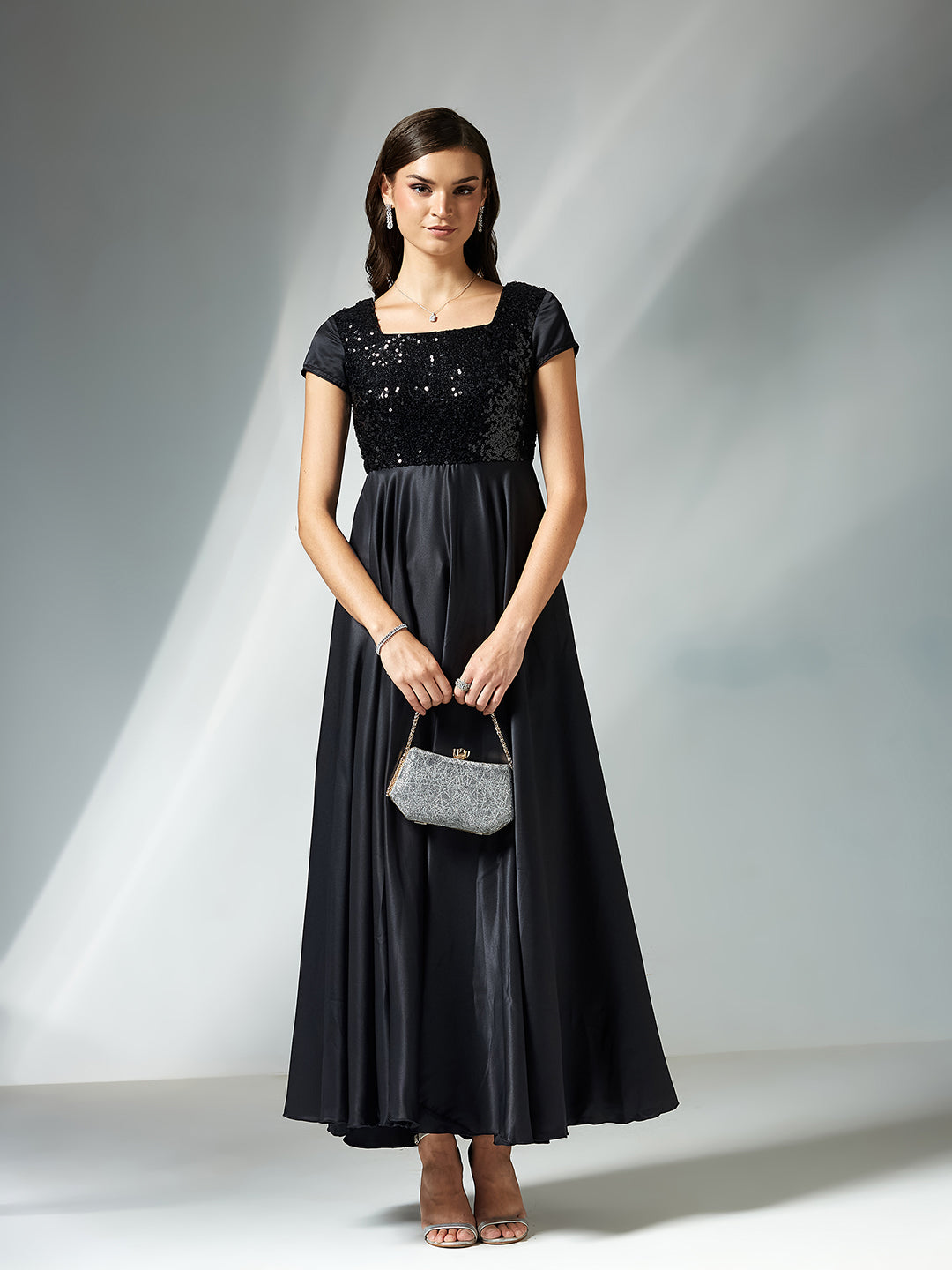 Women's Black Square Neck Short Sleeve Embellished Polyester Fit & Flare Maxi Dress