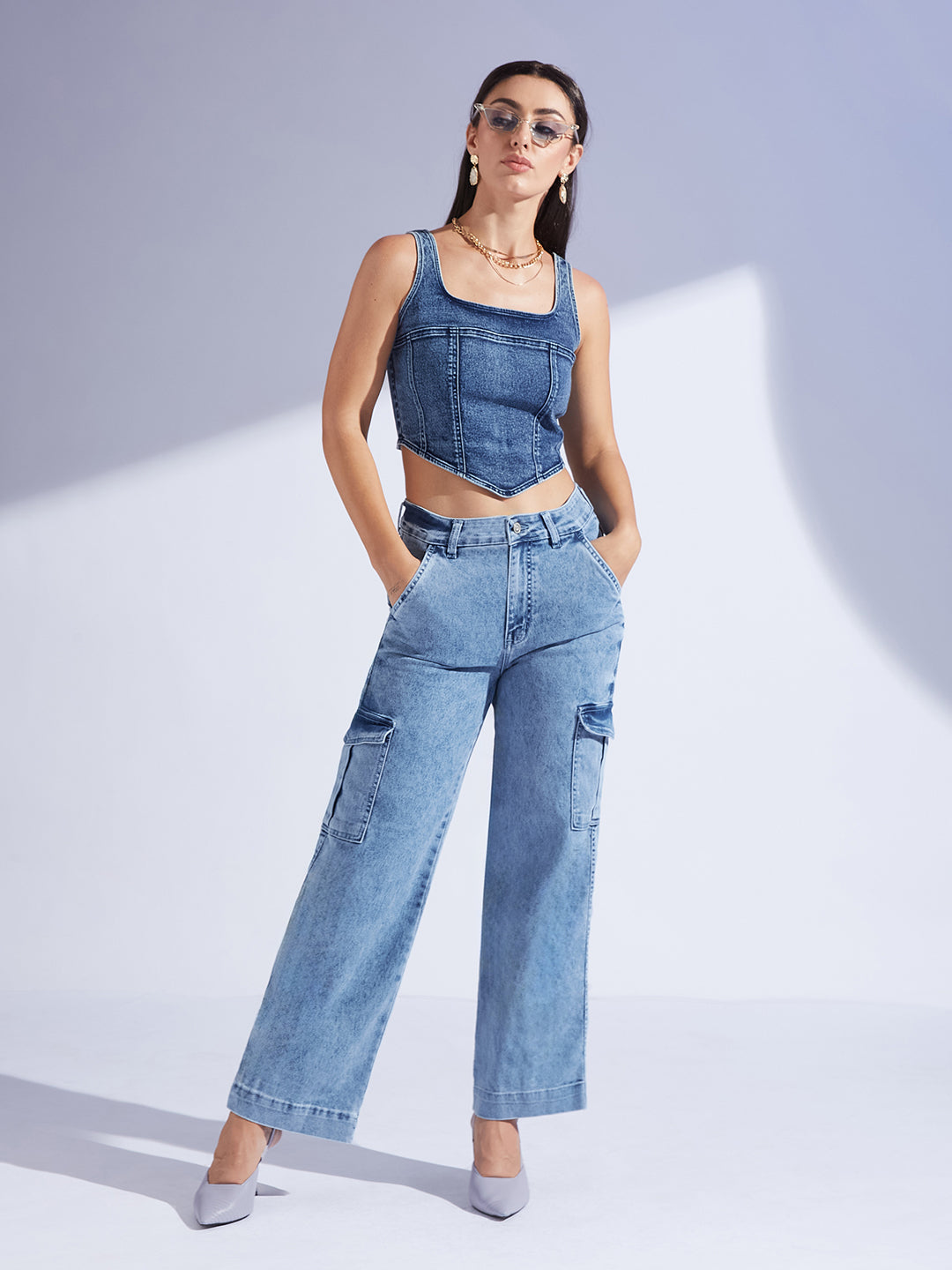 Women's Light Blue Wide-Leg High-Rise Stretchable Flared Cargo-Style Denim Jeans