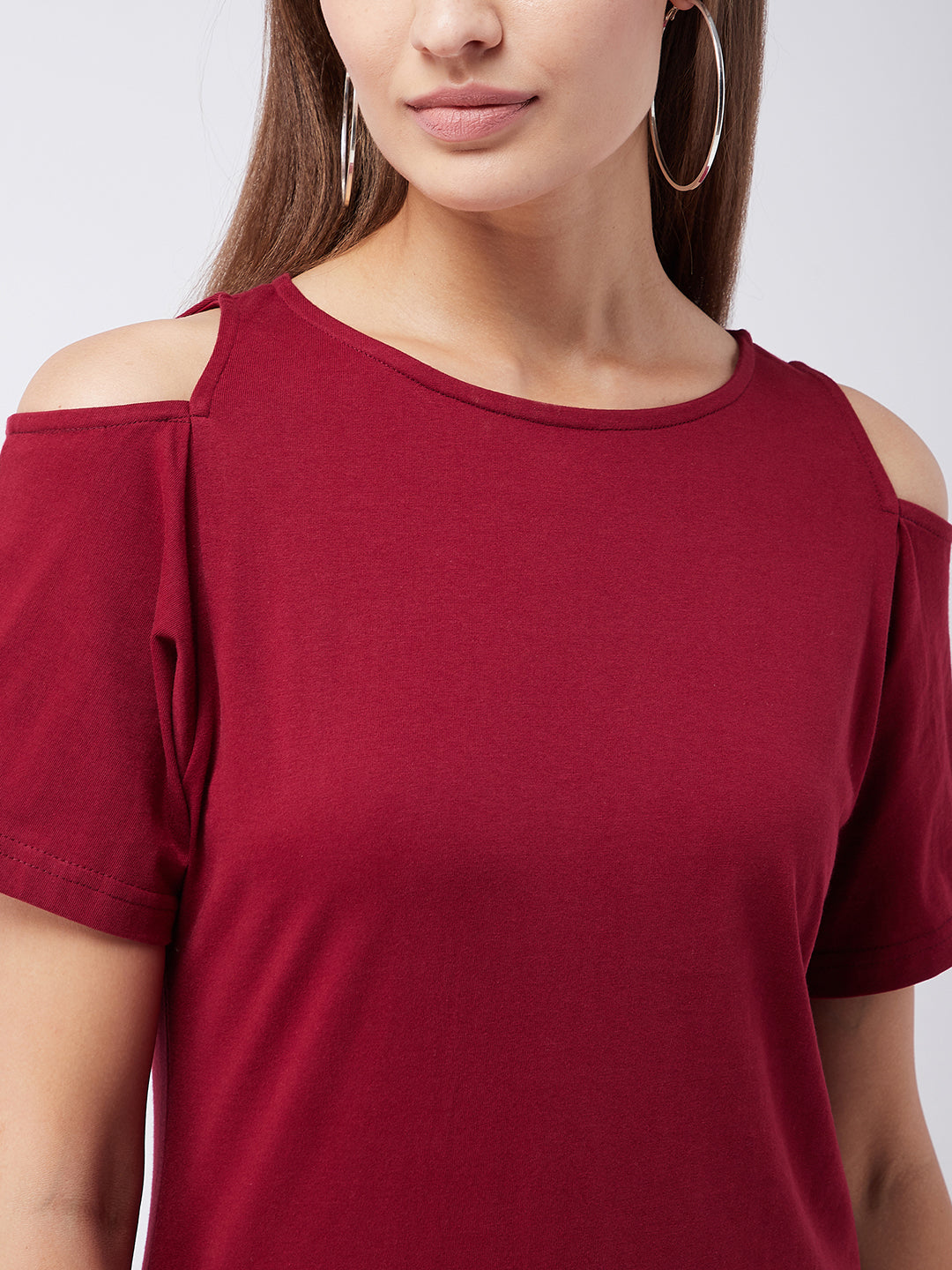 Women's Maroon Round Neck Half Sleeve Solid Cut Out Top