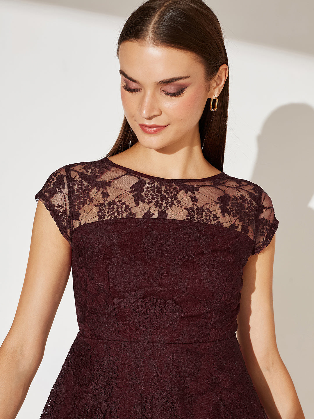 Wine Round Neck Cap Sleeves Lace Knee-Long Skater Dress for Women