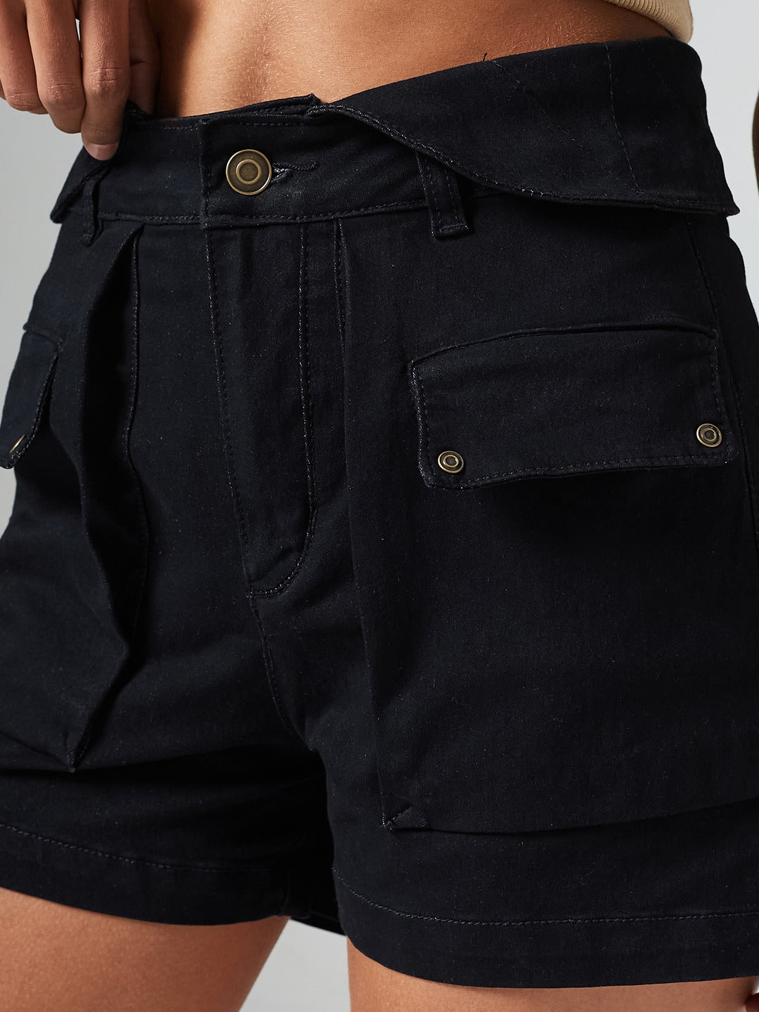 Black High-Rise Flared Stretch Denim Shorts with Quilted Waist & Statement Pockets for Women
