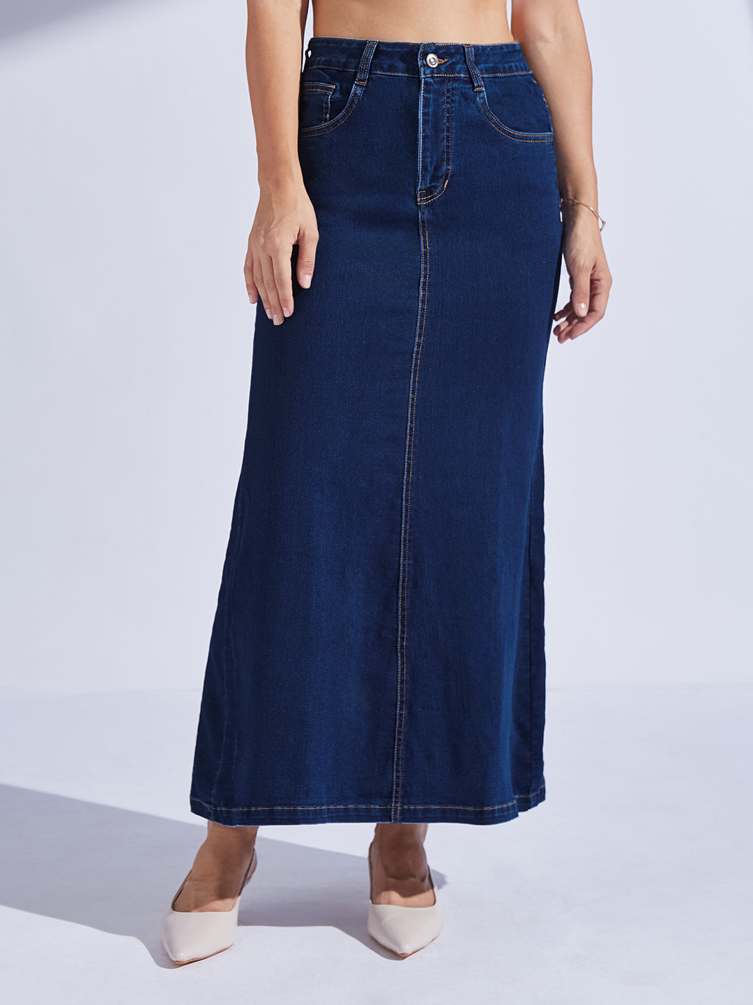 Women's Dark-Blue Flared High-Rise Stretchable Denim Maxi Skirt