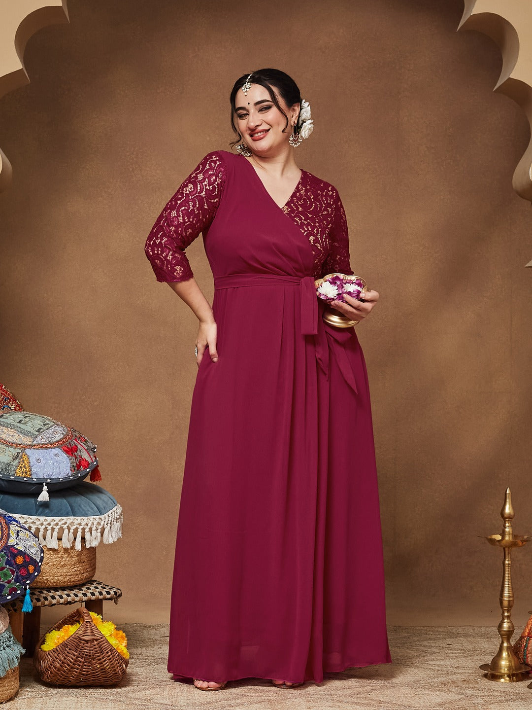 Dark Pink Colored V-Neck Three-Quarter Sleeve Self-Designed Wrap Maxi Georgette Dress for Women — Miss Chase A+