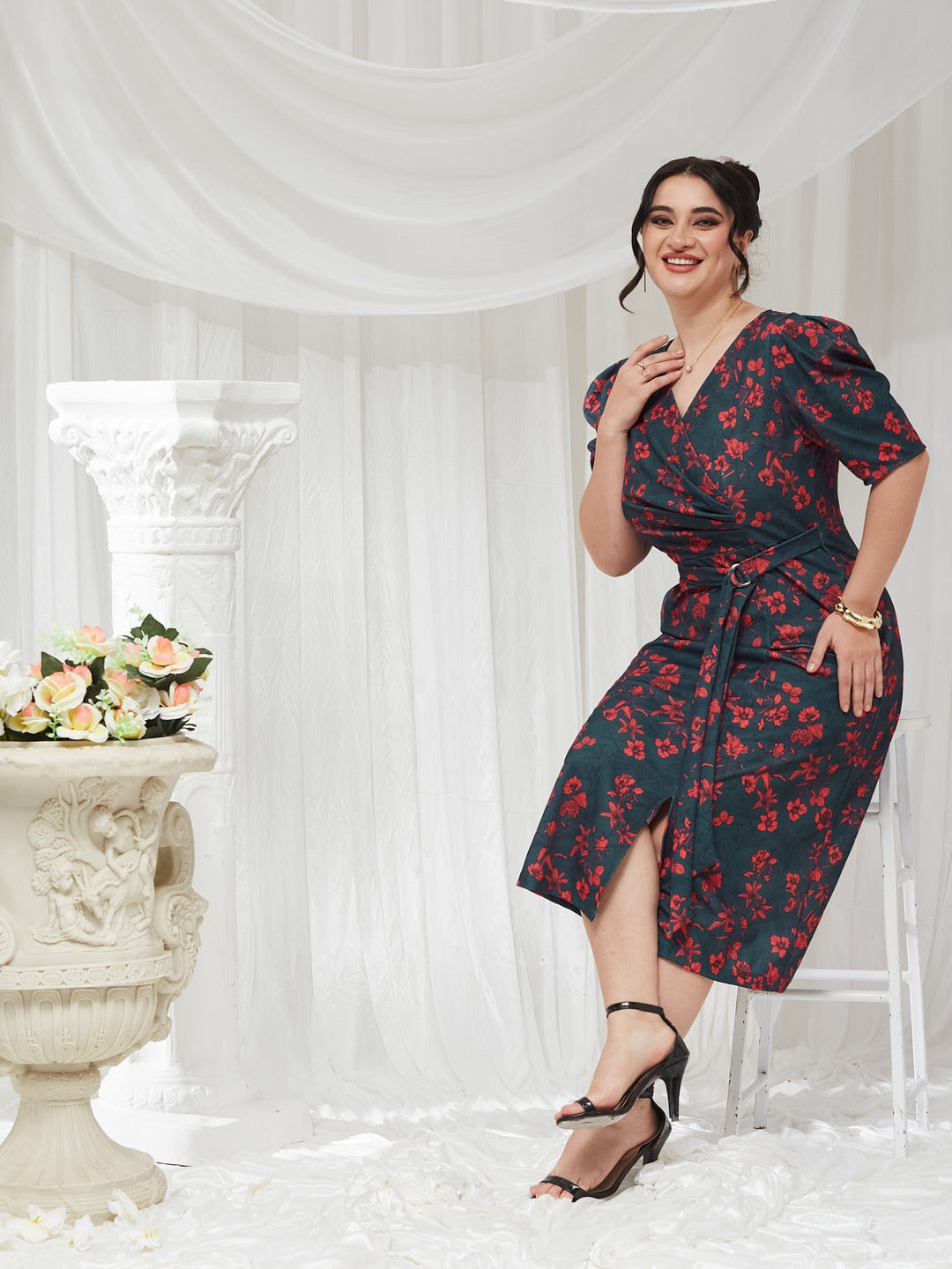 Teal V-neck Puff Sleeve Floral Wrap Midi Dress for Women