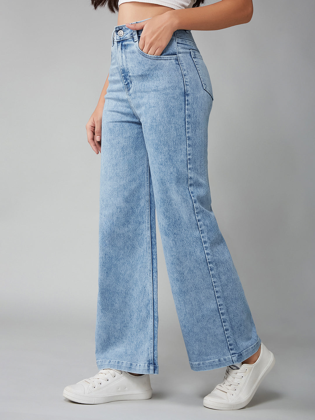 Women's Light Blue Wide-Leg High-Rise Clean-Look Regular Stretchable Denim Jeans