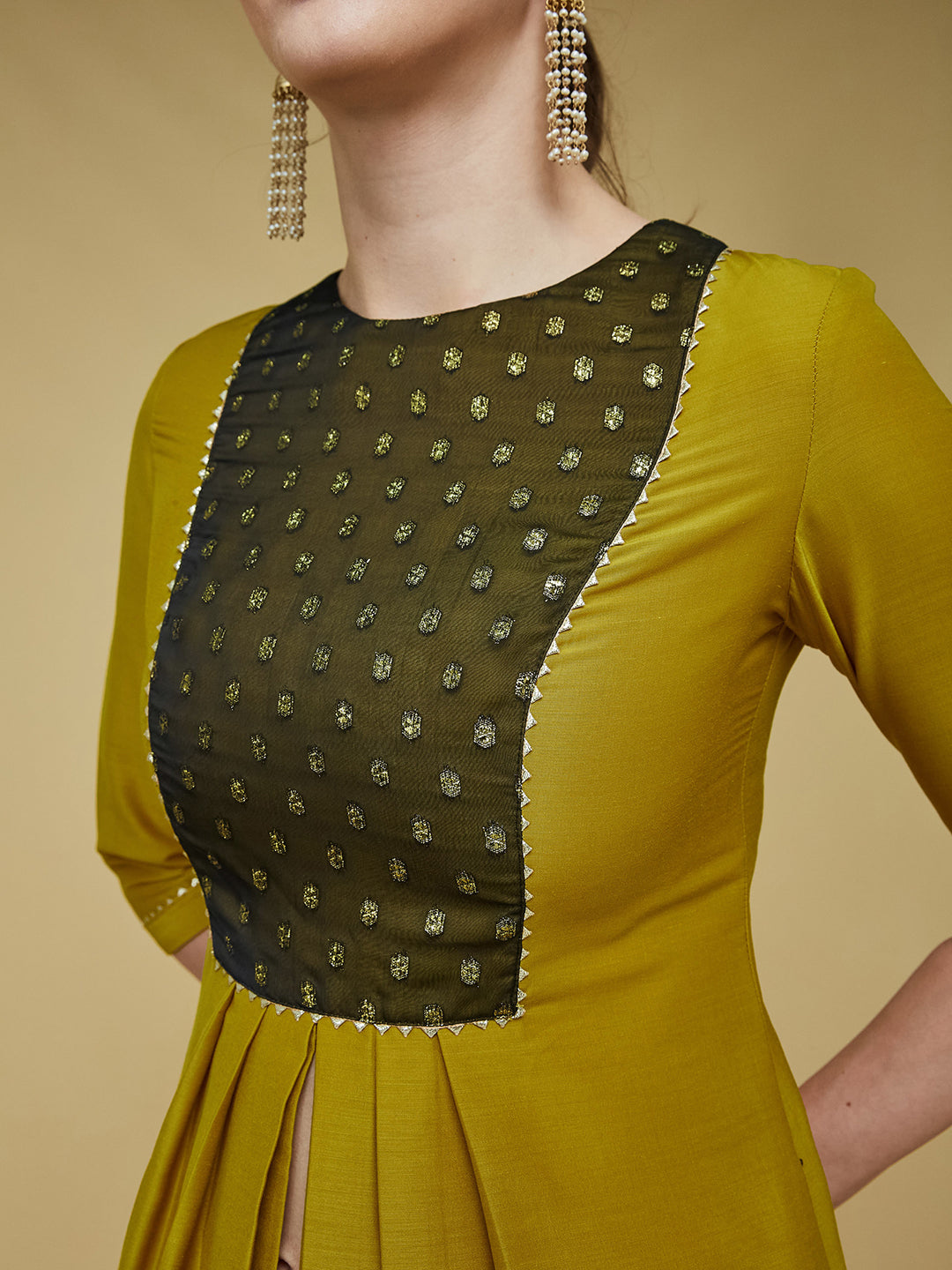 Women's Mustard Round Neck 3/4 Sleeve Self-Designed Pleated Regular-Length Polyester Kurta Set