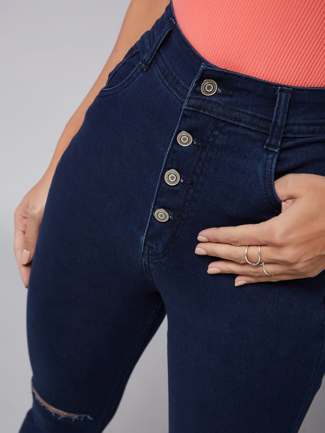 CHASEstretch™ Navy-Blue Skinny High-Rise Knee-Slit Denim Jeans