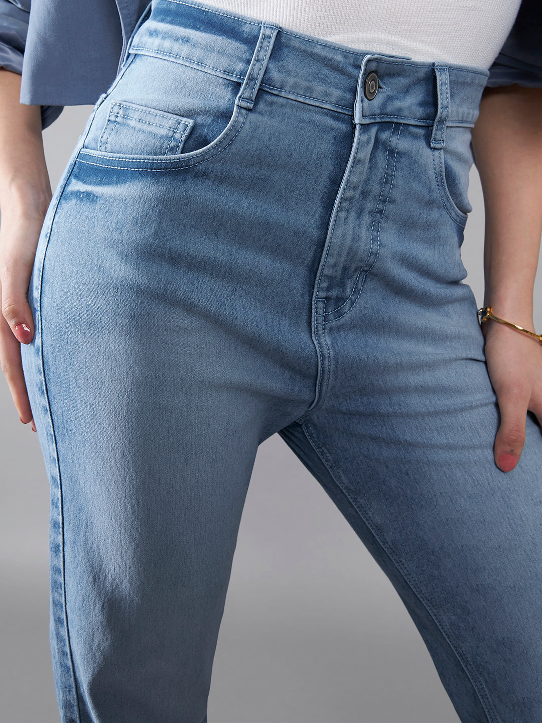 24/7 Comfort Light-Blue Wide-Leg Fit High-Rise Stretchable Denim Jeans for Women