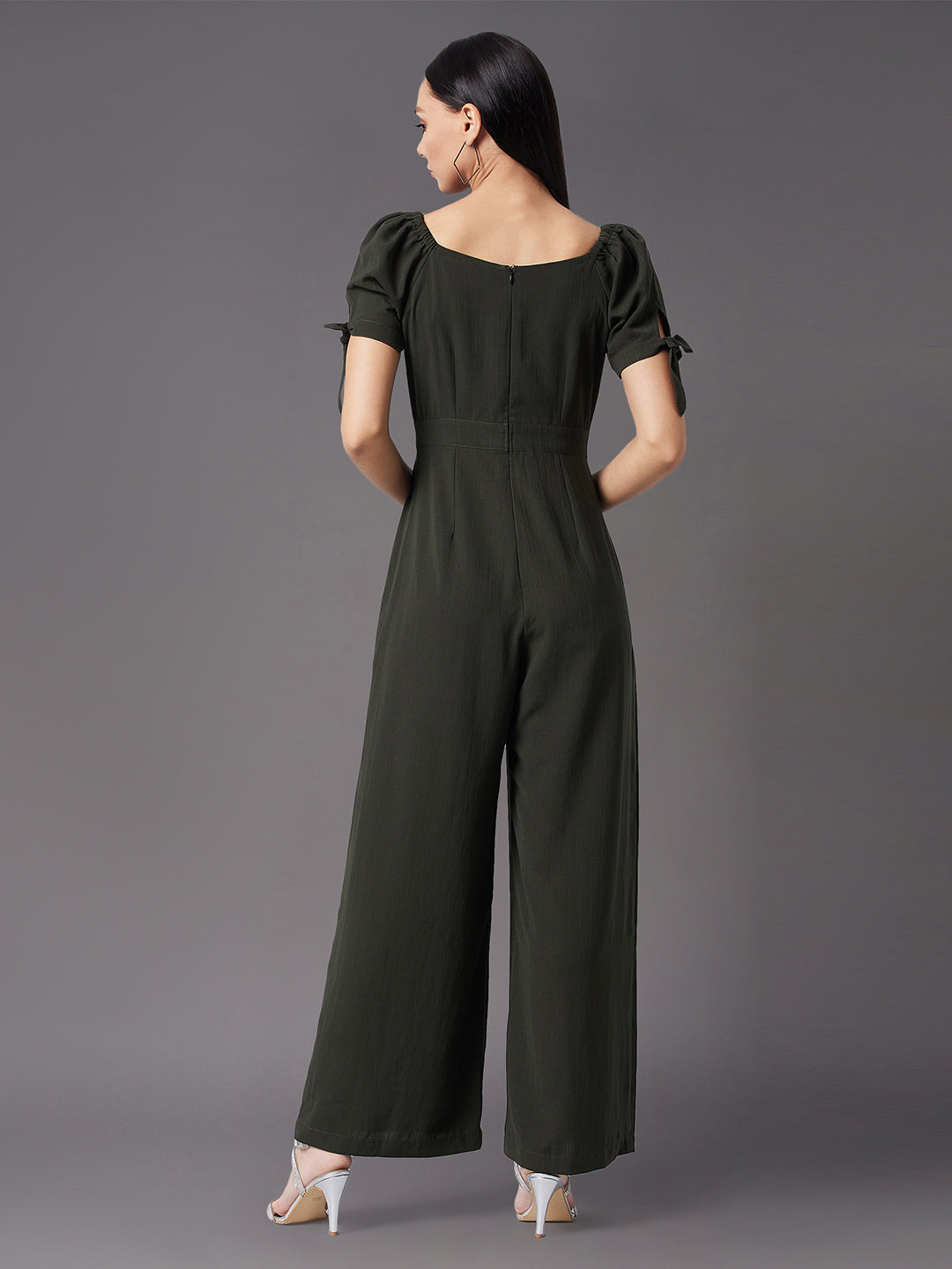 Women's Dark Green Square neck Puff sleeve Solid Wide-Leg Regular Jumpsuit