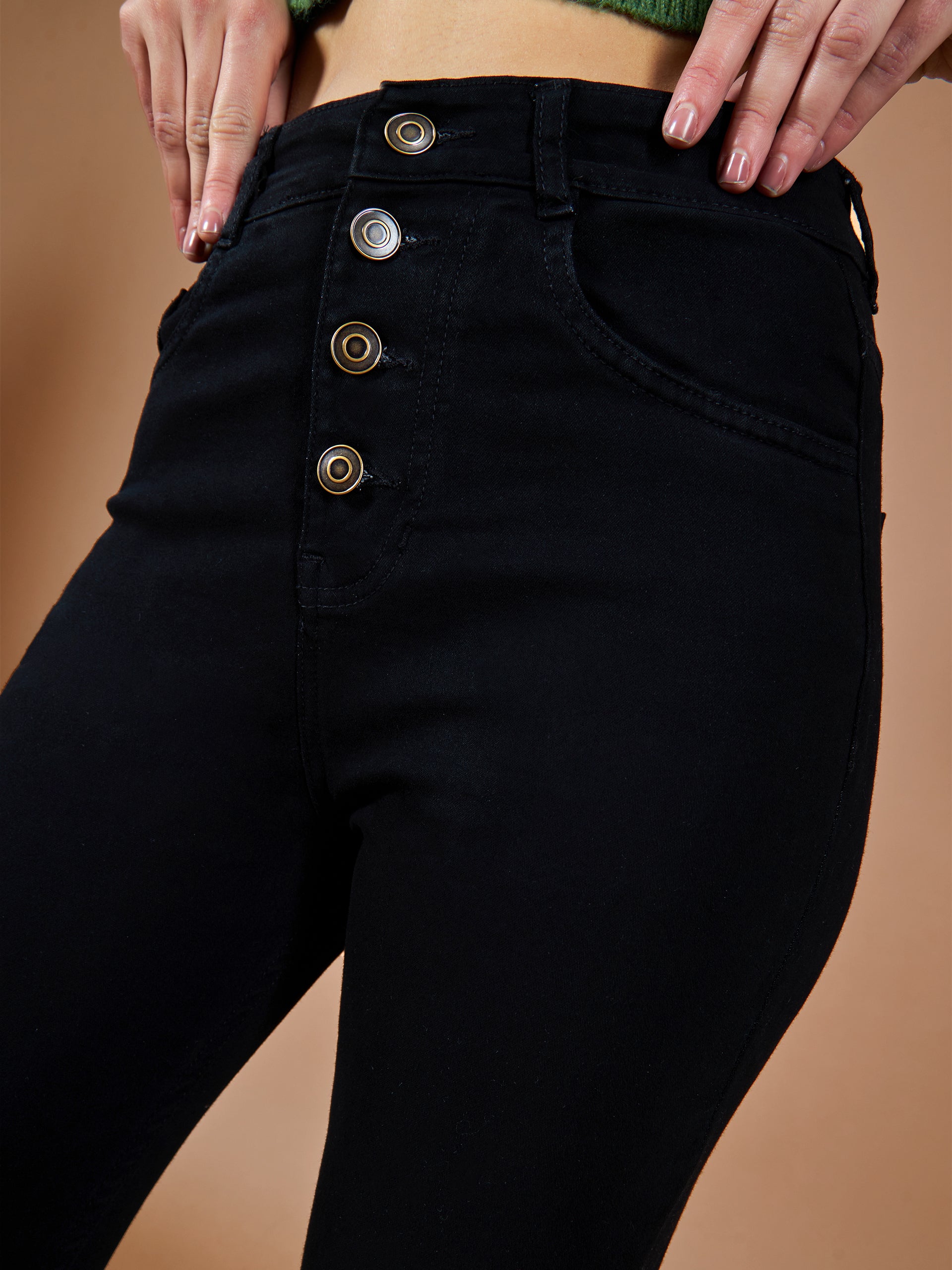 24/7 Comfort Black Skinny High-Rise Cropped Fringed Hemline Solid Stretchable Denim Jeans