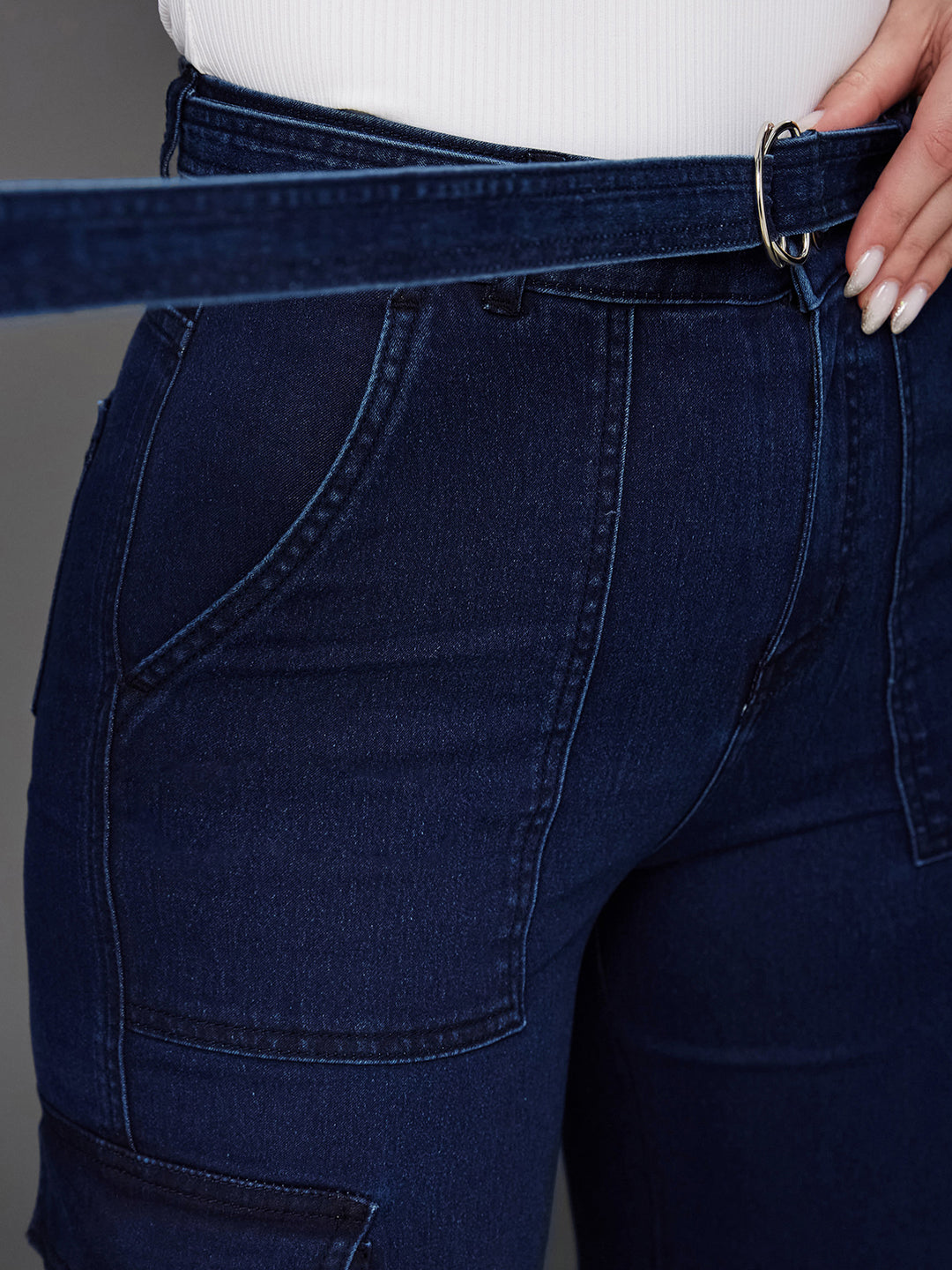 24/7 Comfort Navy Blue Wide-Leg High-Rise Clean-Look Regular Stretchable Cargo Denim Jeans