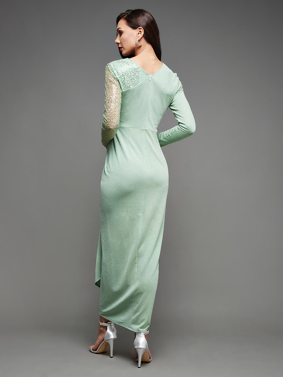 Women's Mint Embellished V-Neck Full Sleeve Polyester Pleated Slim Fit Longline Dress