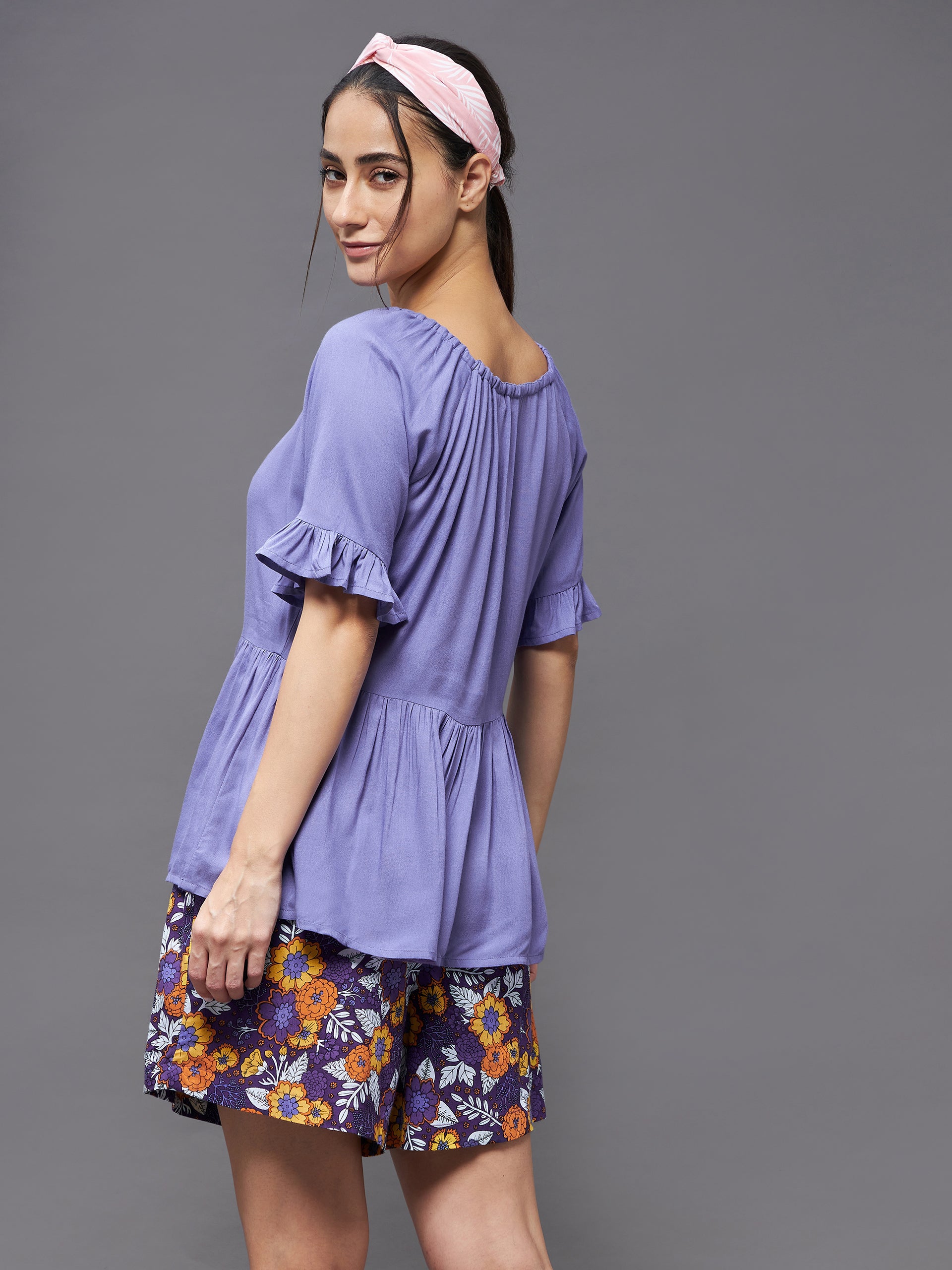 Women's Lavender Round Neck Short Sleeve Floral Front Placket Short Top & Shorts Sets