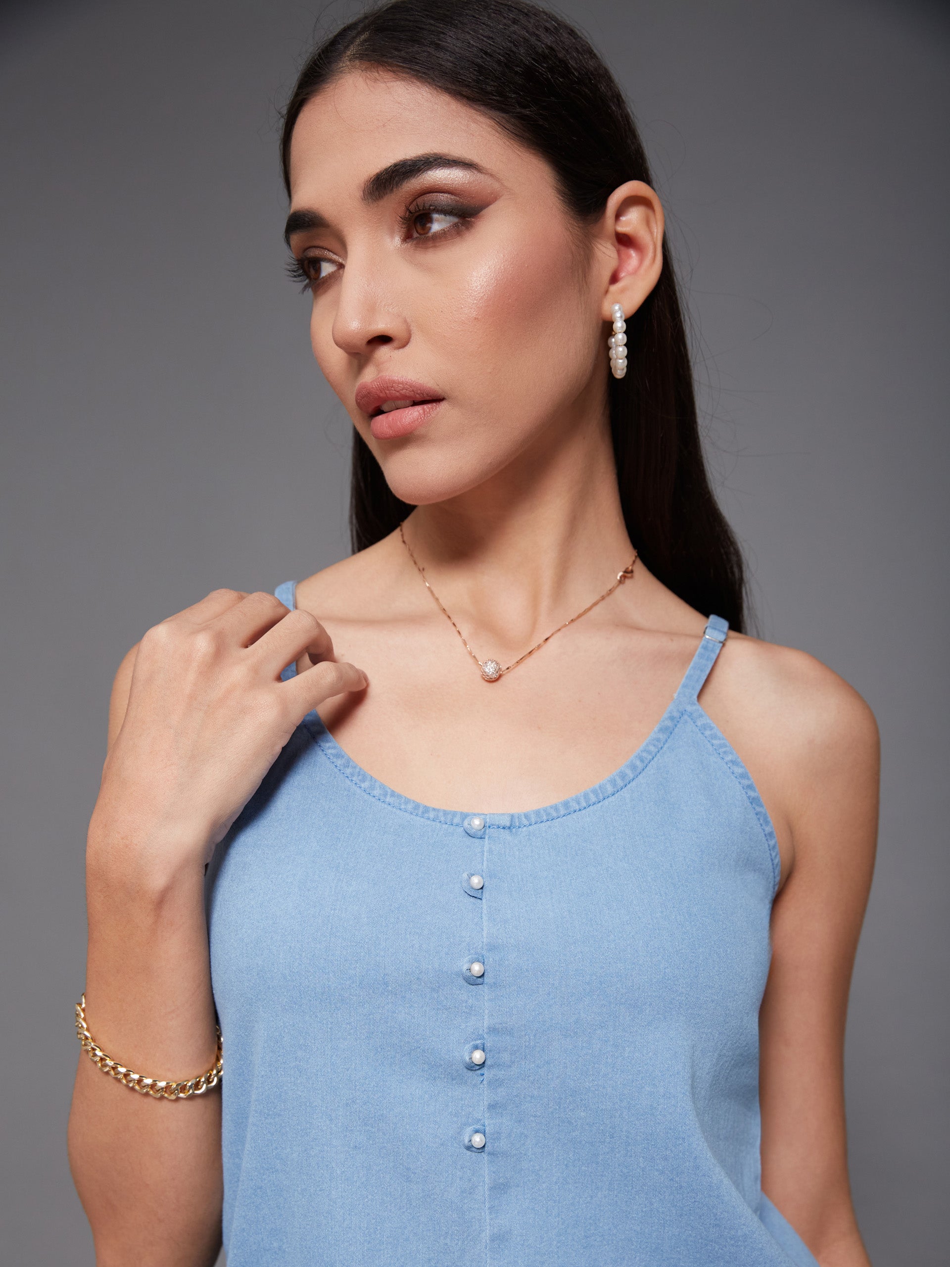 Light-Blue Straight-Fit Clean-Look Regular Denim Top for Women