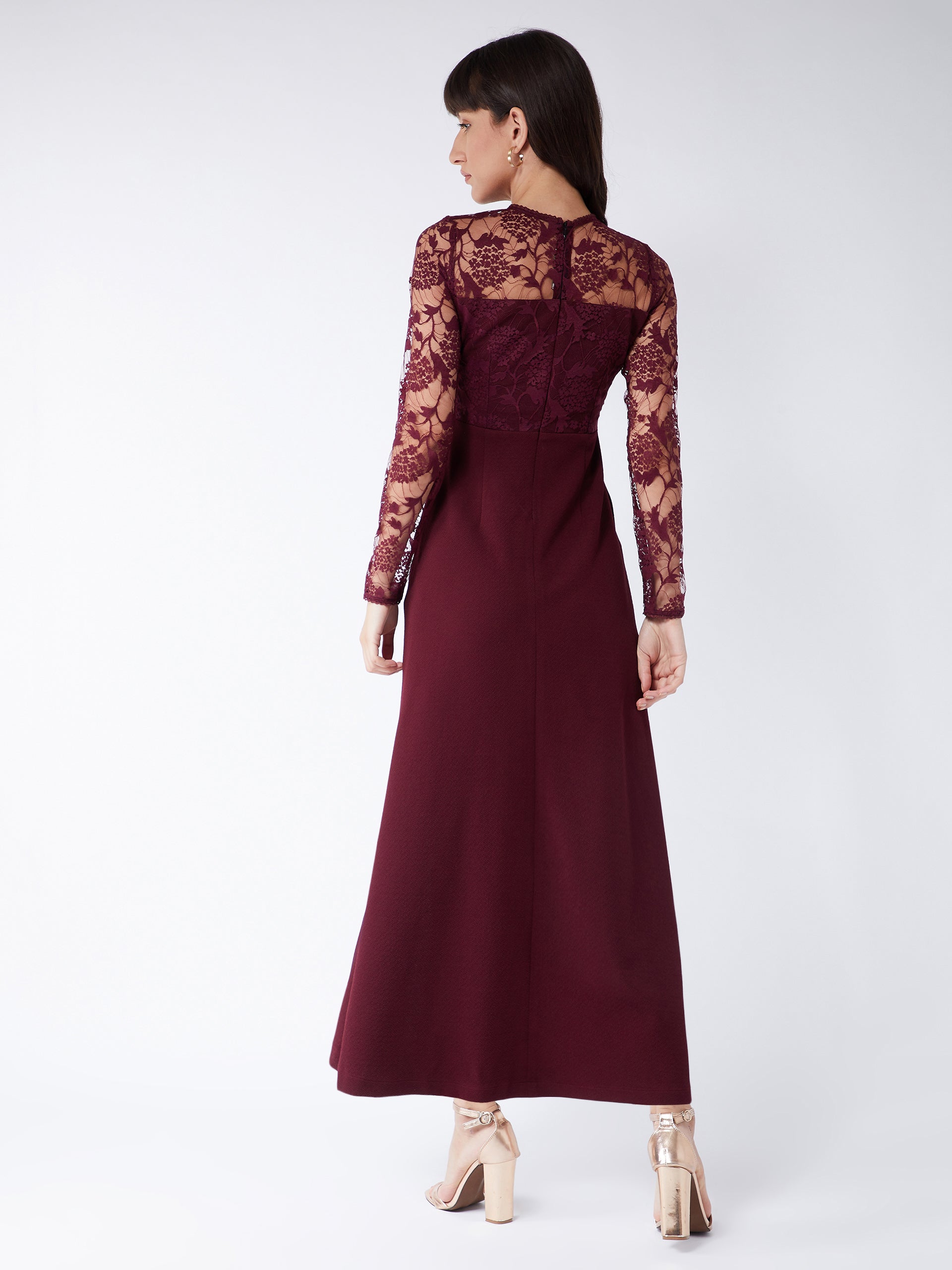 Red Floral Polyester Slim Fit Round Neck Full Sleeve Maxi Dress for Women