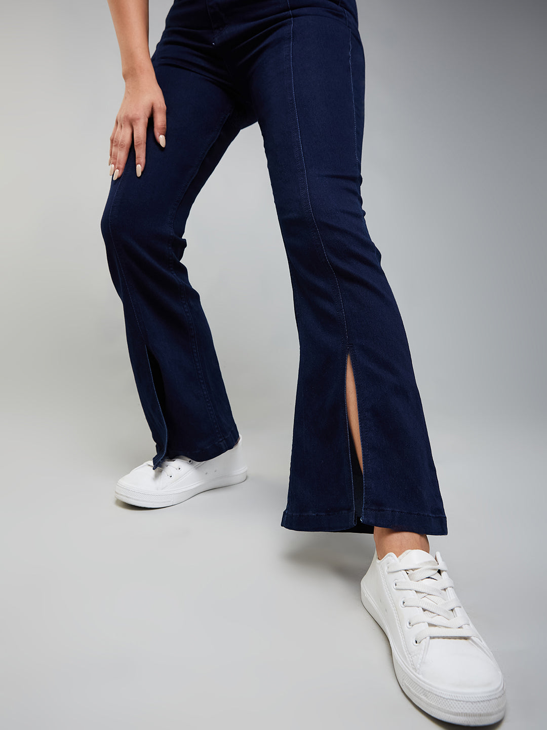 24/7 Comfort Navy-Blue Bell-Bottom Bootcut Hourglass High-Rise Stretchable Slit Denim Jeans
