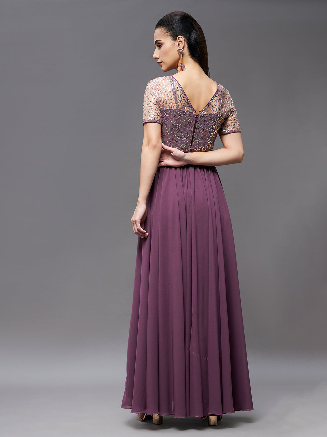 Mauve Short Sleeves Sequinned Maxi Dress Long Dress Frock for Women