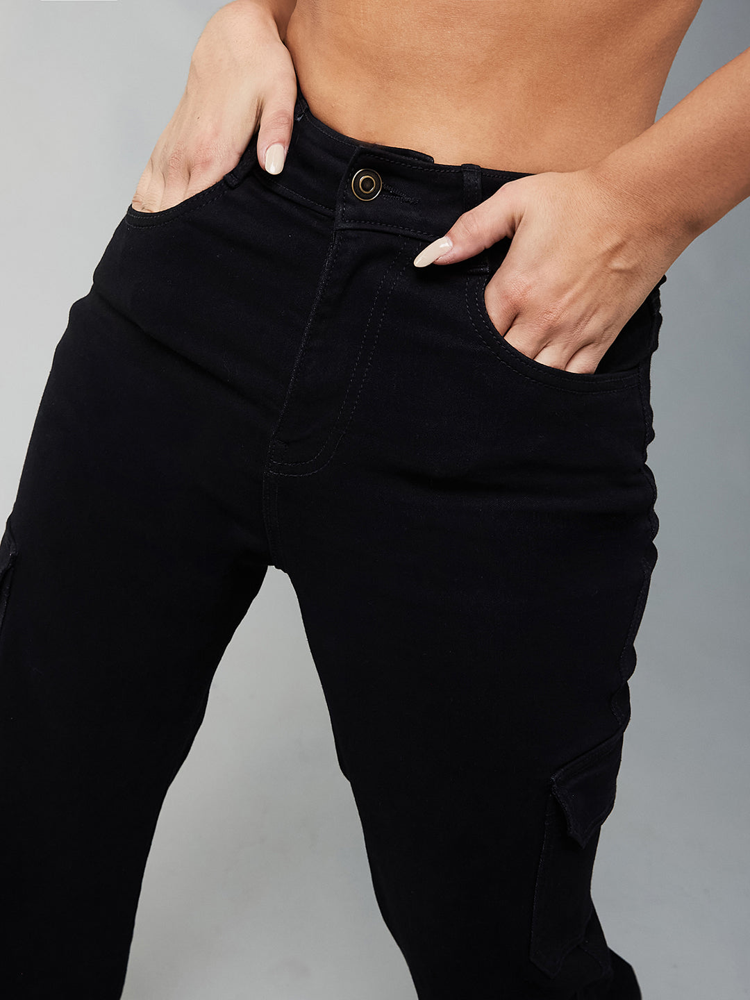 24/7 Comfort Black Wide-Leg High-Rise Patch Pocketed Stretchable Denim Jeans