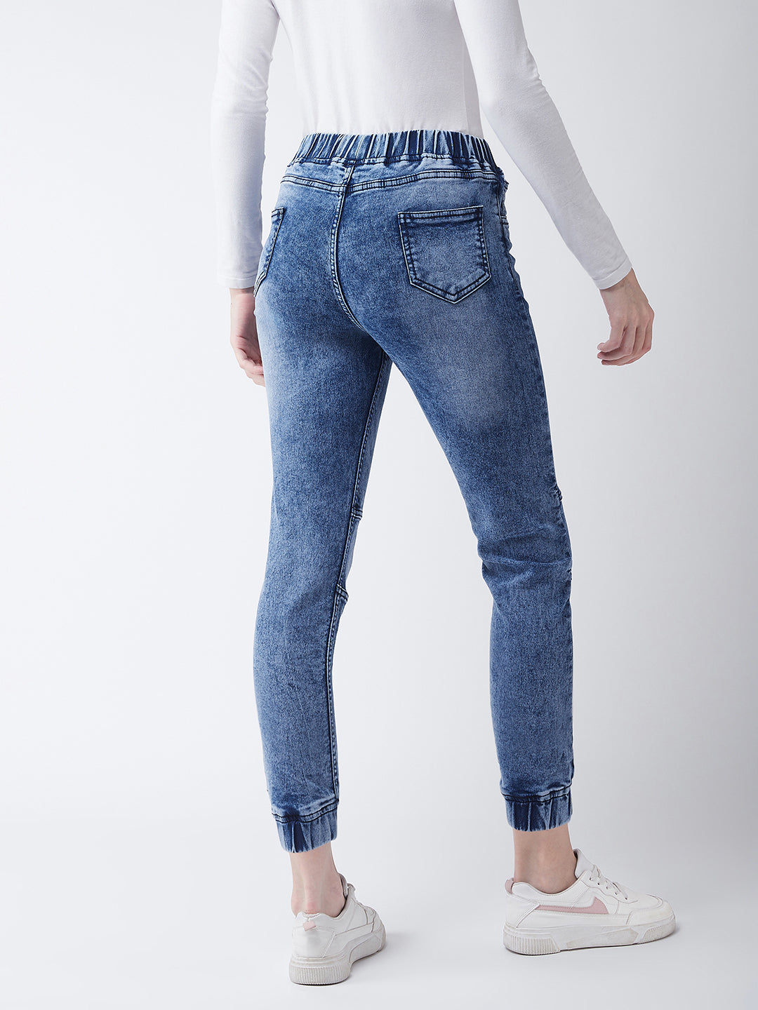 Women's Blue Relaxed Fit Mid Rise Regular Length Denim Stretchable Jogger Pants