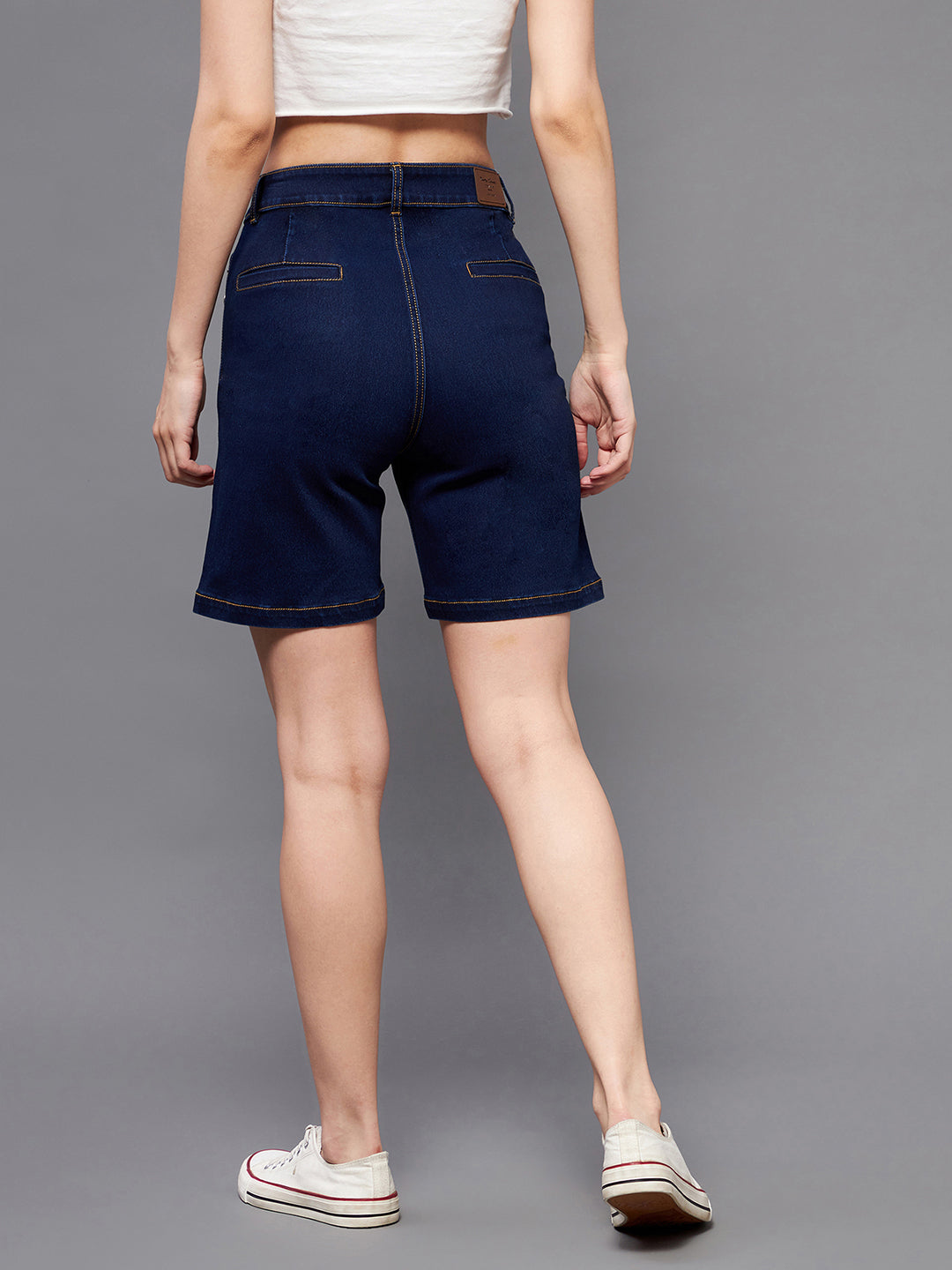 Women's Navy Blue Regular High-Rise Clean-Look Above Knee Stretchable Denim Shorts