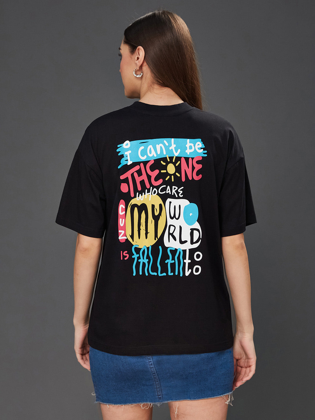 Women's Black Round Neck Half-Sleeve Conversational-Printed Regular-Length Oversized Cotton T-Shirt