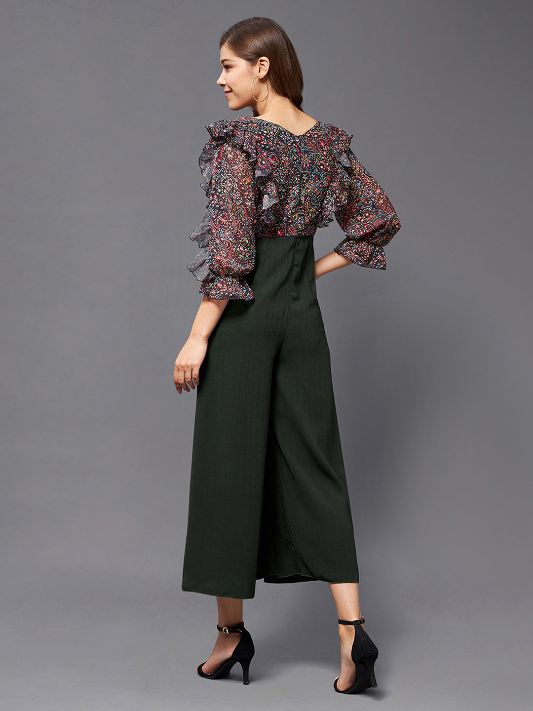 Women's Multicolored-Base-Green Printed Round Neck 3/4 Sleeve Polyester Ruffled Regular Length Jumpsuit