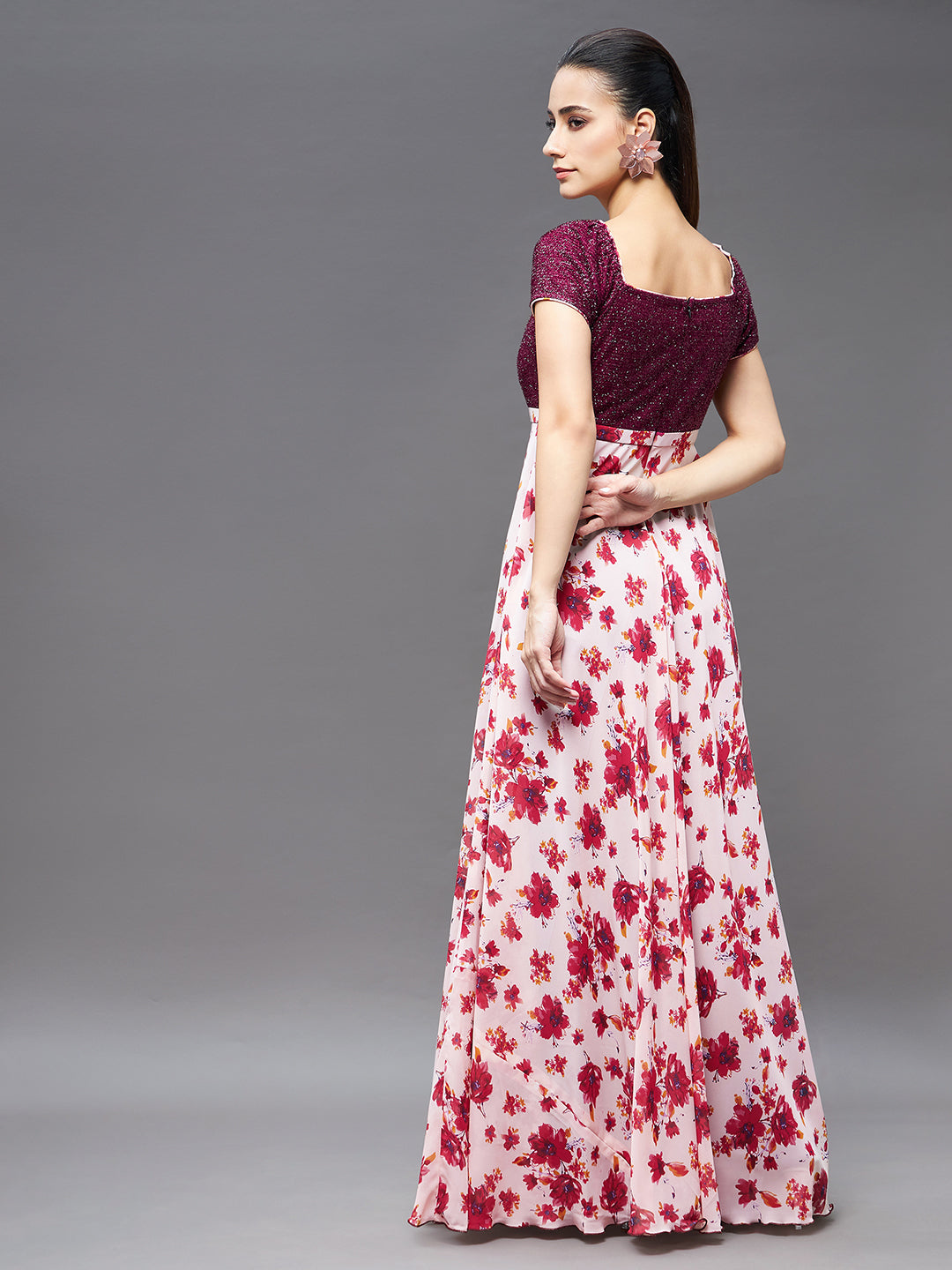 Women's Maroon & Off-White Colored Square Neck Short Puff Sleeve Floral Patterned Fit & Flare Georgette Maxi Dress