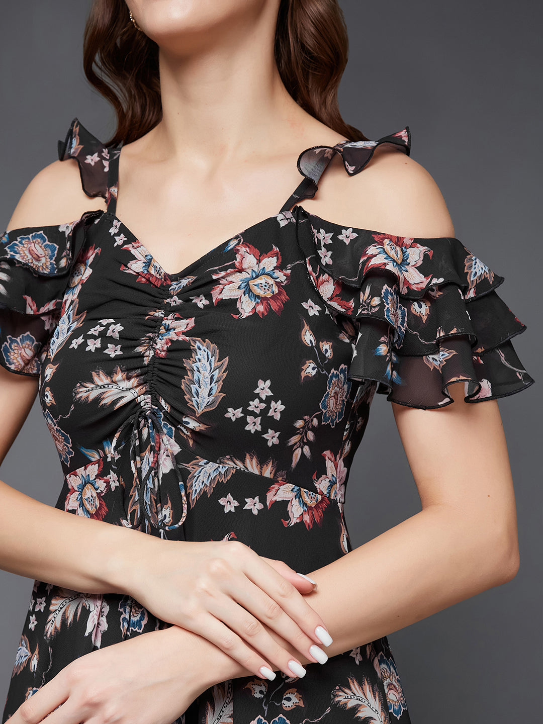 Women's Multicolored-Base-Black Sweetheart Ruffled Floral Cut-Out Maxi Dress