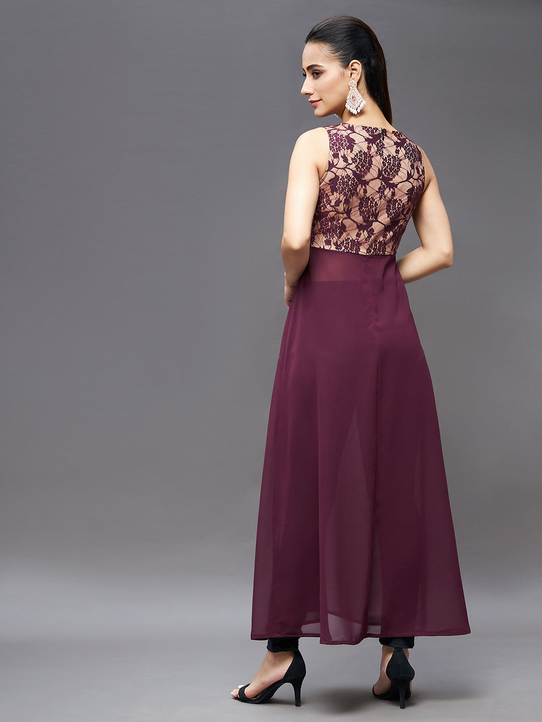Women's Wine Boat Neck Sleeveless Self Design Lace Overlaid Polyester Maxi Top