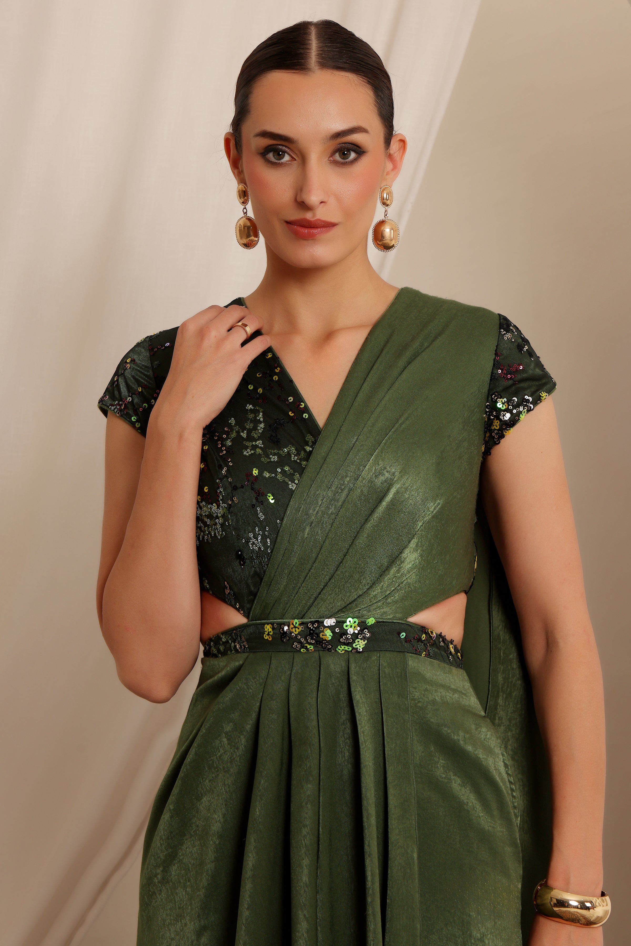 Women's Olive V-Neck Short-Sleeve Embellished Draped Maxi Velvet Dress