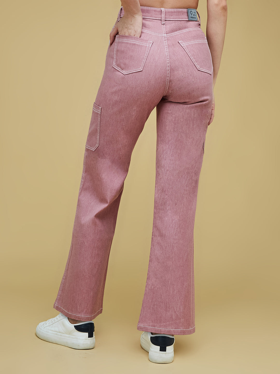 24/7 Comfort Dusty Pink Wide-Leg High-Rise Clean-Look Regular-Length Stretchable Denim Pants