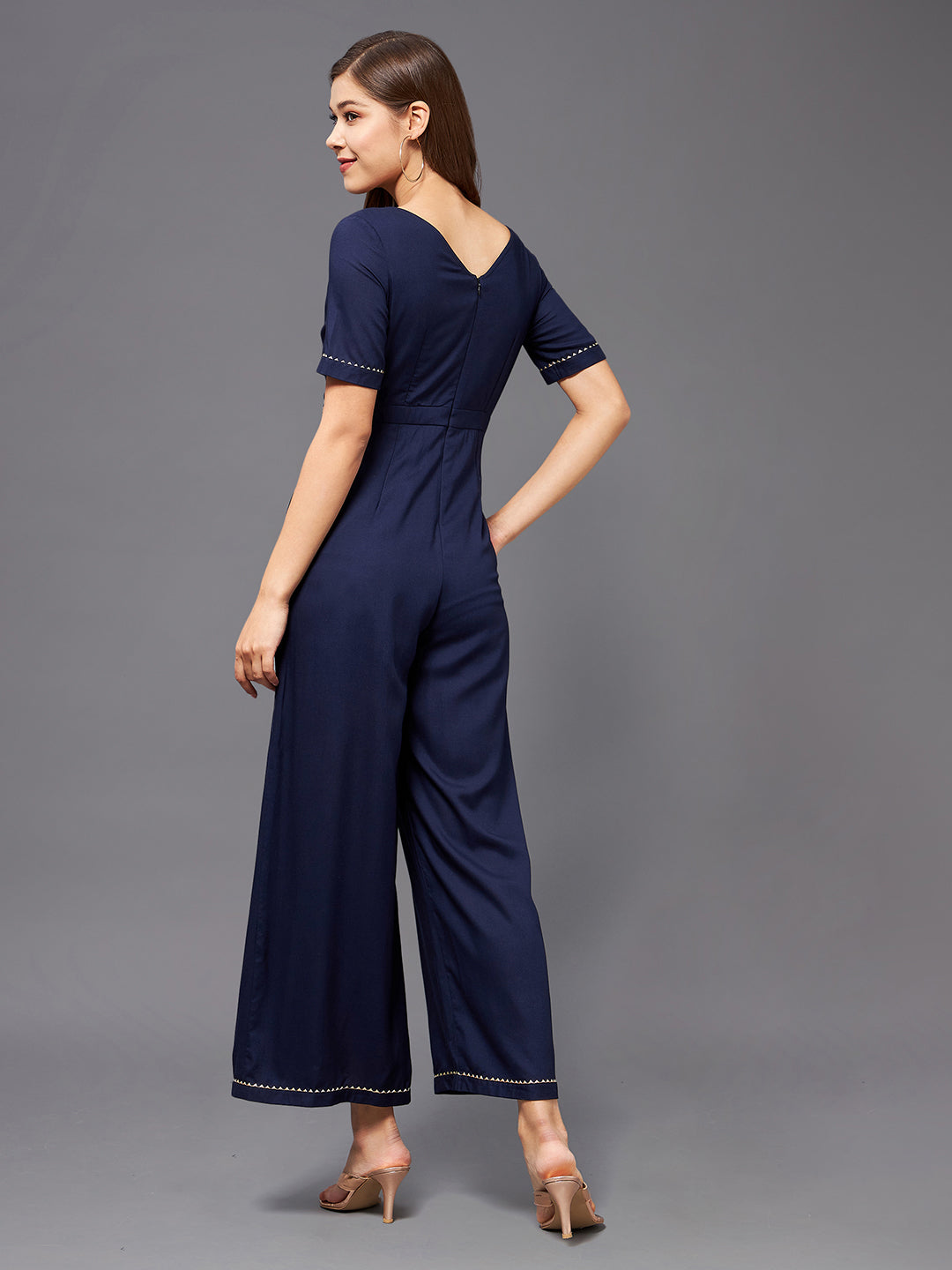 Women's Navy Blue Round Neck Half Sleeve Viscose Rayon Embellished Straight Leg Regular Jumpsuit
