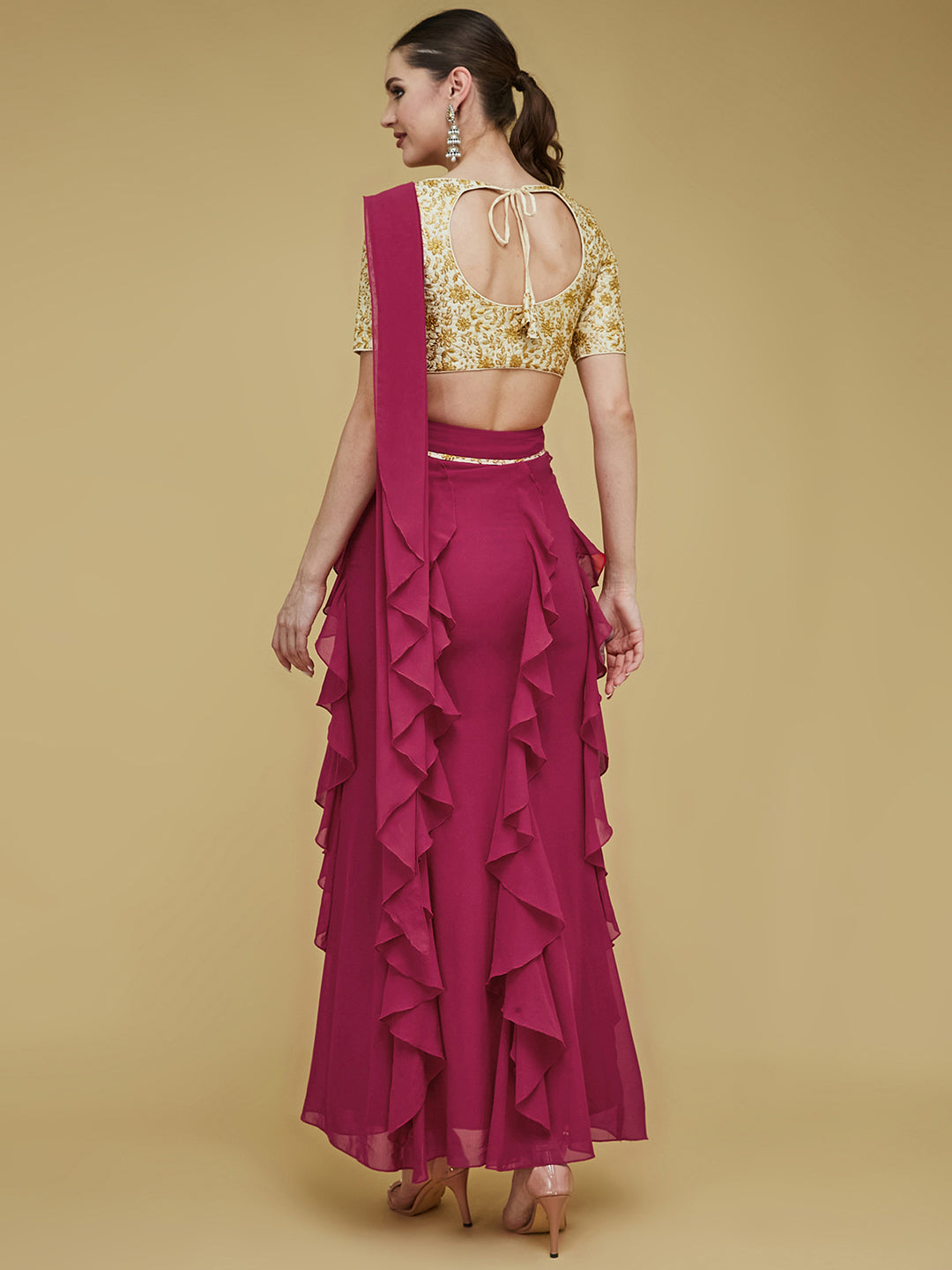 Women's Dark Pink Embroidered Boat Neck Half Sleeves Front Pocketed Frilled Maxi Co-Ord Set