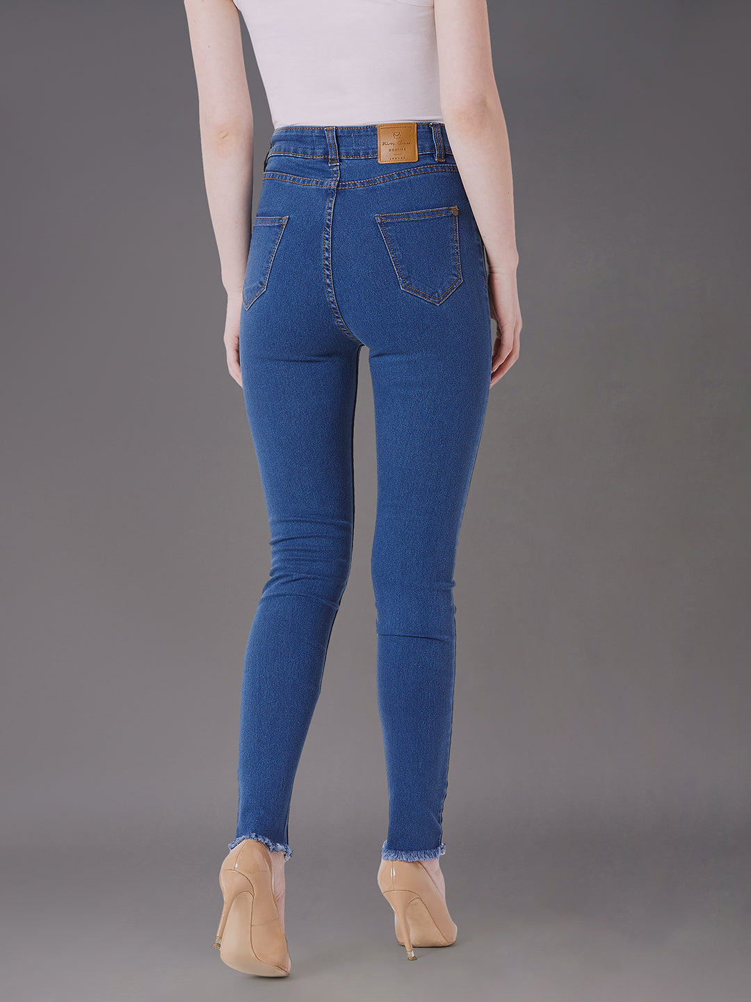 Women's Blue Skinny High-Rise Cropped-Length Fringe Detailing Stretchable Denim Jeans